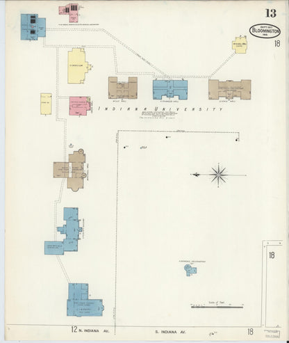 Sanborn Fire Insurance Map from Bloomington, Monroe County, Indiana (1907), Sheet #0013 - Historic Sanborn Fire Insurance Map Print, vintage old map wall art, antique decor, genealogy gift, Indiana Indiana map