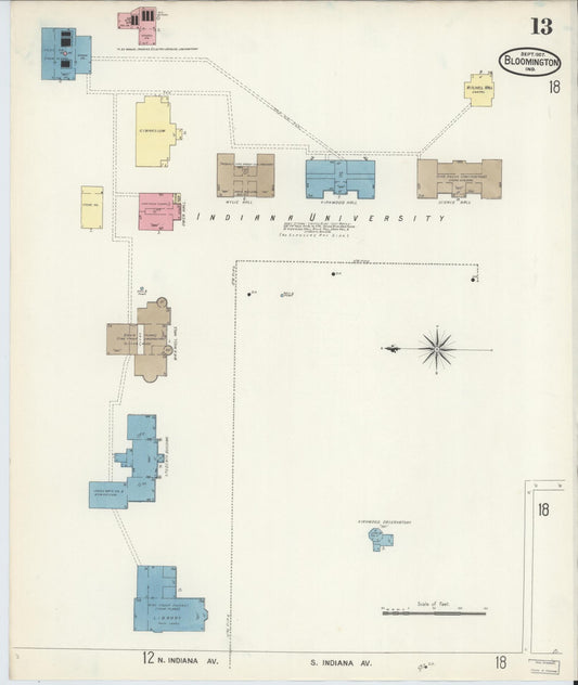 Sanborn Fire Insurance Map from Bloomington, Monroe County, Indiana (1907), Sheet #0013 - Historic Sanborn Fire Insurance Map Print, vintage old map wall art, antique decor, genealogy gift, Indiana Indiana map