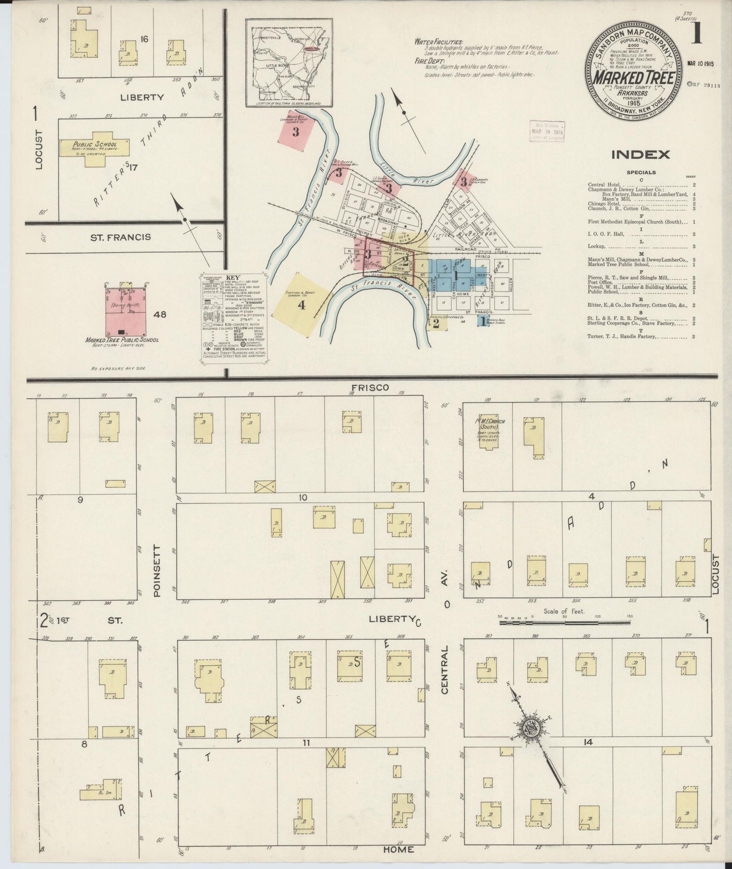 Sanborn Fire Insurance Map from Marked Tree, Poinsett County, Arkansas (1915), Sheet #0001 - Historic Sanborn Fire Insurance Map Print, vintage old map wall art, antique decor, genealogy gift, Arkansas Arkansas map