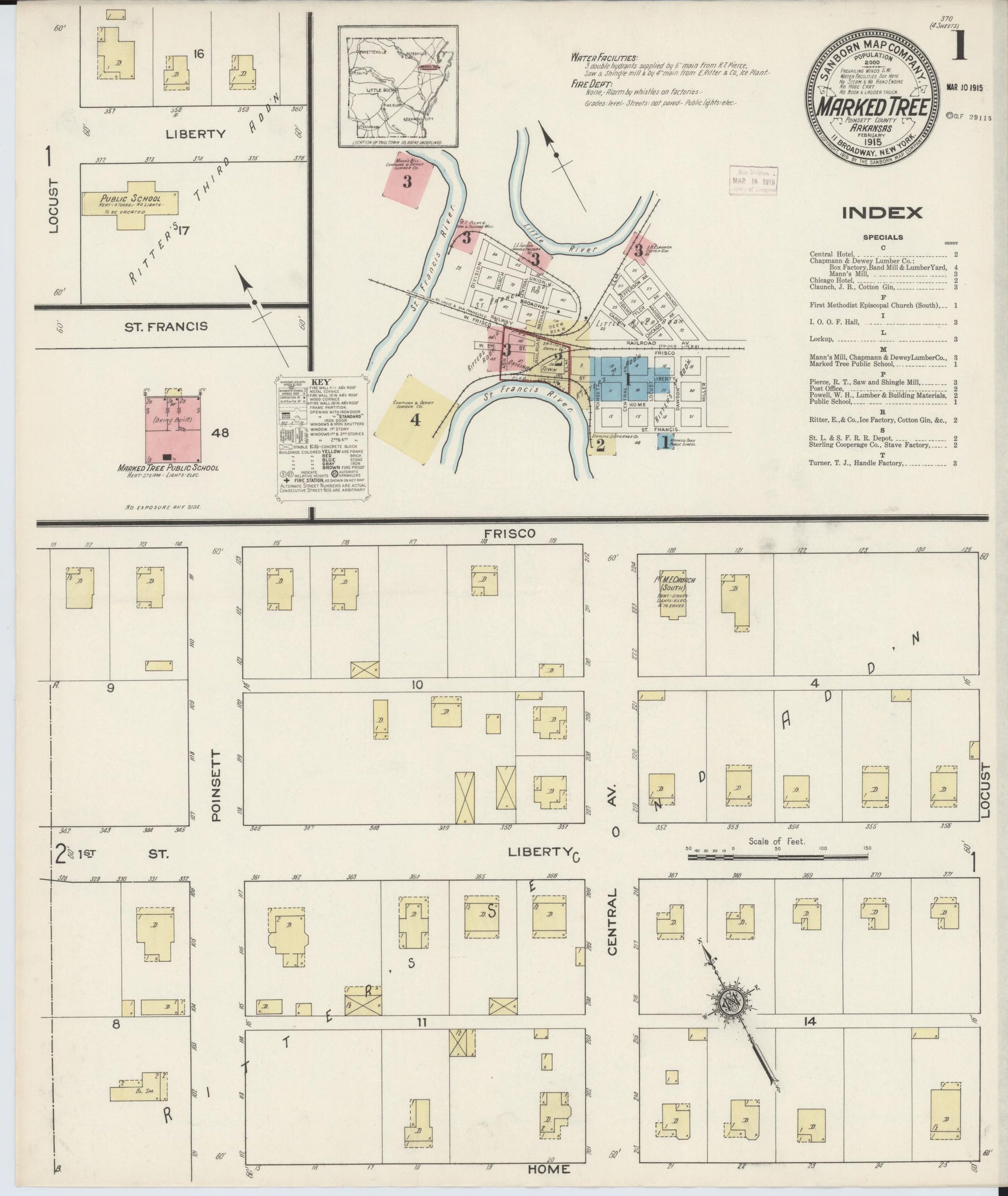 Sanborn Fire Insurance Map from Marked Tree, Poinsett County, Arkansas (1915), Sheet #0001 - Historic Sanborn Fire Insurance Map Print, vintage old map wall art, antique decor, genealogy gift, Arkansas Arkansas map