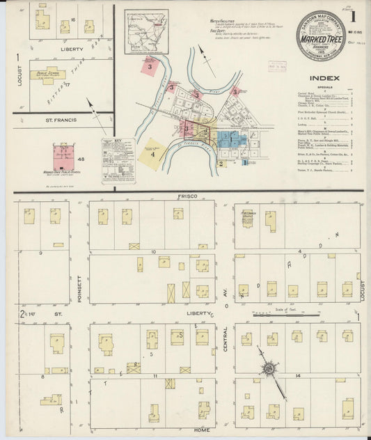 Sanborn Fire Insurance Map from Marked Tree, Poinsett County, Arkansas (1915), Sheet #0001 - Historic Sanborn Fire Insurance Map Print, vintage old map wall art, antique decor, genealogy gift, Arkansas Arkansas map