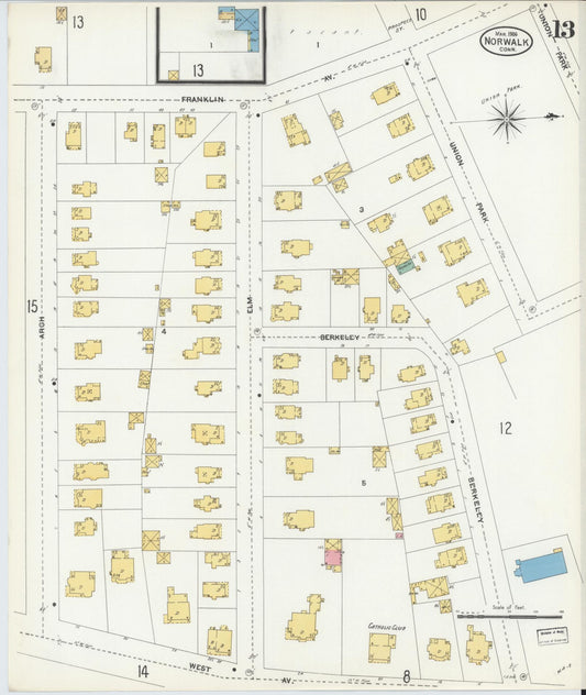 Sanborn Fire Insurance Map from Norwalk, Fairfield County, Connecticut (1906), Sheet #0013 - Historic Sanborn Fire Insurance Map Print, vintage old map wall art, antique decor, genealogy gift, Connecticut Connecticut map