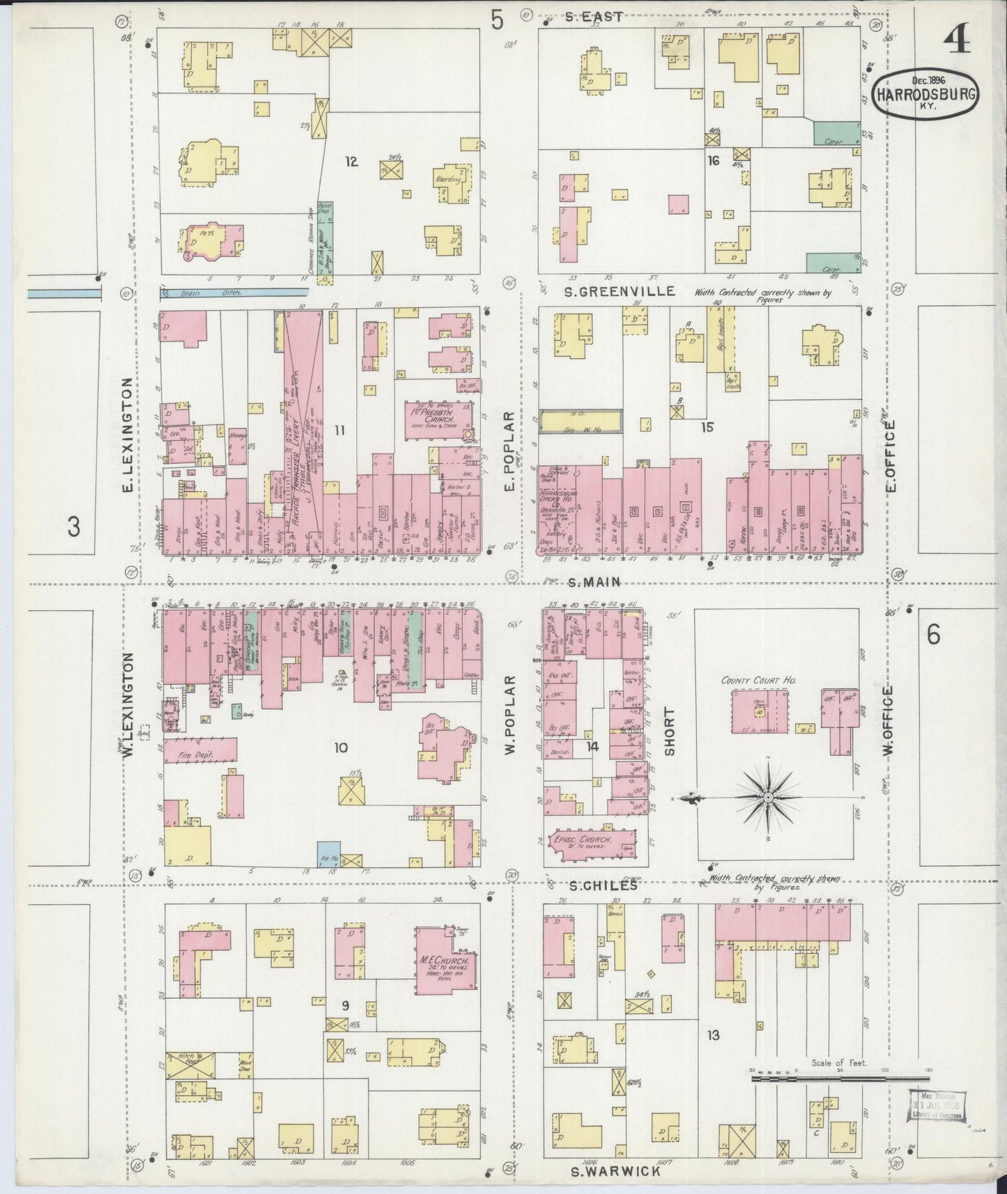 Sanborn Fire Insurance Map from Harrodsburg, Mercer County, Kentucky (1896), Sheet #0004 - Historic Sanborn Fire Insurance Map Print, vintage old map wall art, antique decor, genealogy gift, Kentucky Kentucky map