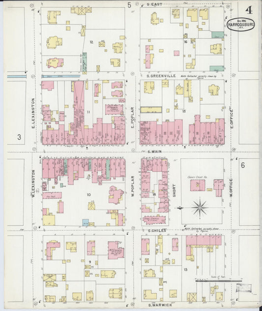 Sanborn Fire Insurance Map from Harrodsburg, Mercer County, Kentucky (1896), Sheet #0004 - Historic Sanborn Fire Insurance Map Print, vintage old map wall art, antique decor, genealogy gift, Kentucky Kentucky map
