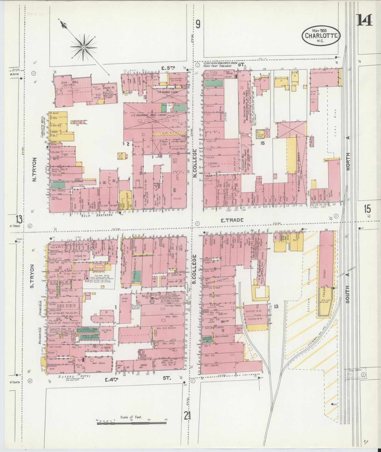 Sanborn Fire Insurance Map from Charlotte, Mecklenburg County, North Carolina (1905), Sheet #0014 - Complete Map Set gallery image, historic Sanborn map, vintage wall art, North Carolina North Carolina