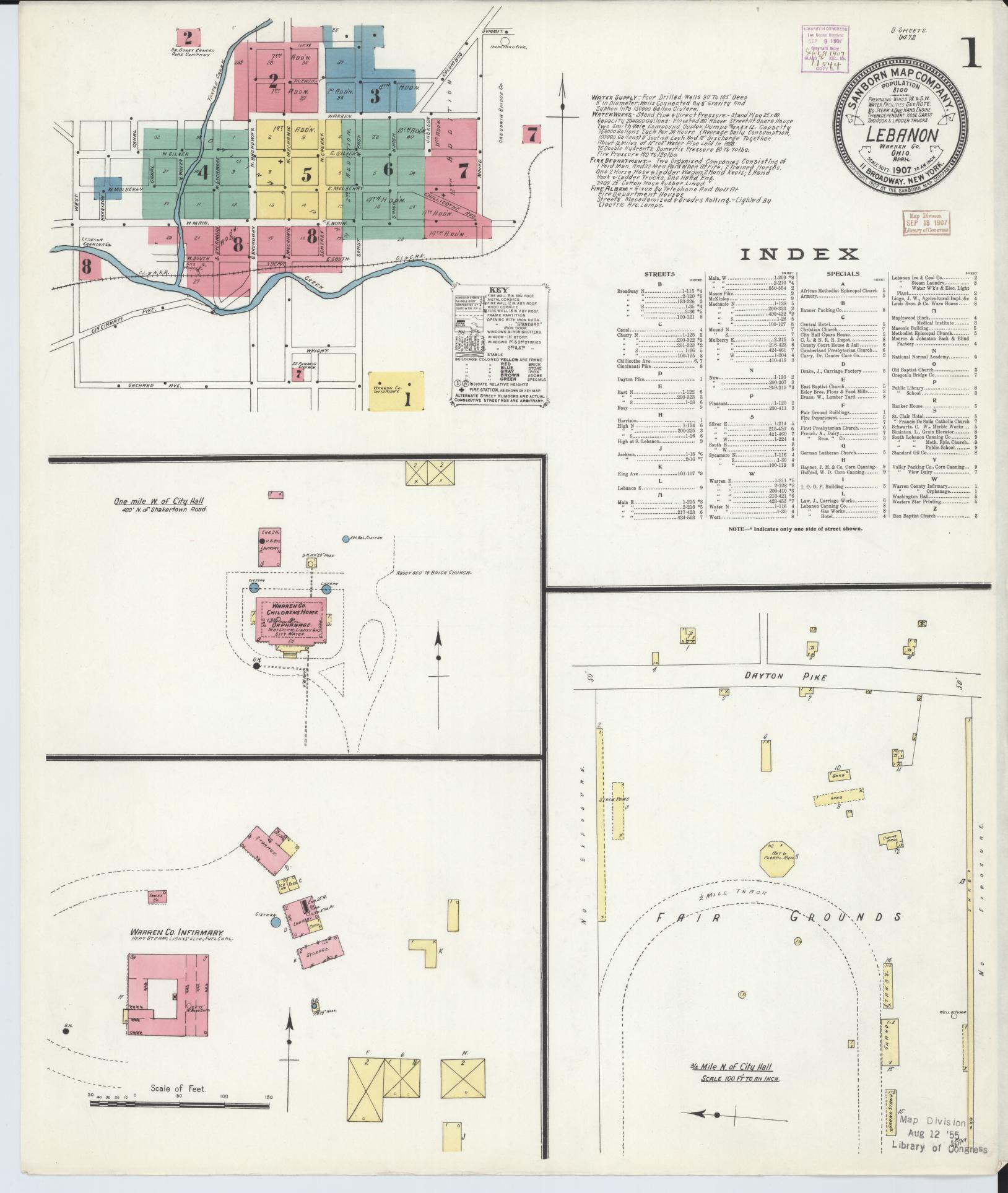 Sanborn Fire Insurance Map from Lebanon, Warren County, Ohio (1907), Sheet #0001 - Historic Sanborn Fire Insurance Map Print, vintage old map wall art, antique decor, genealogy gift, Ohio Ohio map