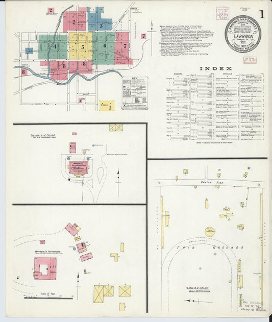 Sanborn Fire Insurance Map from Lebanon, Warren County, Ohio (1907), Sheet #0001 - Historic Sanborn Fire Insurance Map Print, vintage old map wall art, antique decor, genealogy gift, Ohio Ohio map