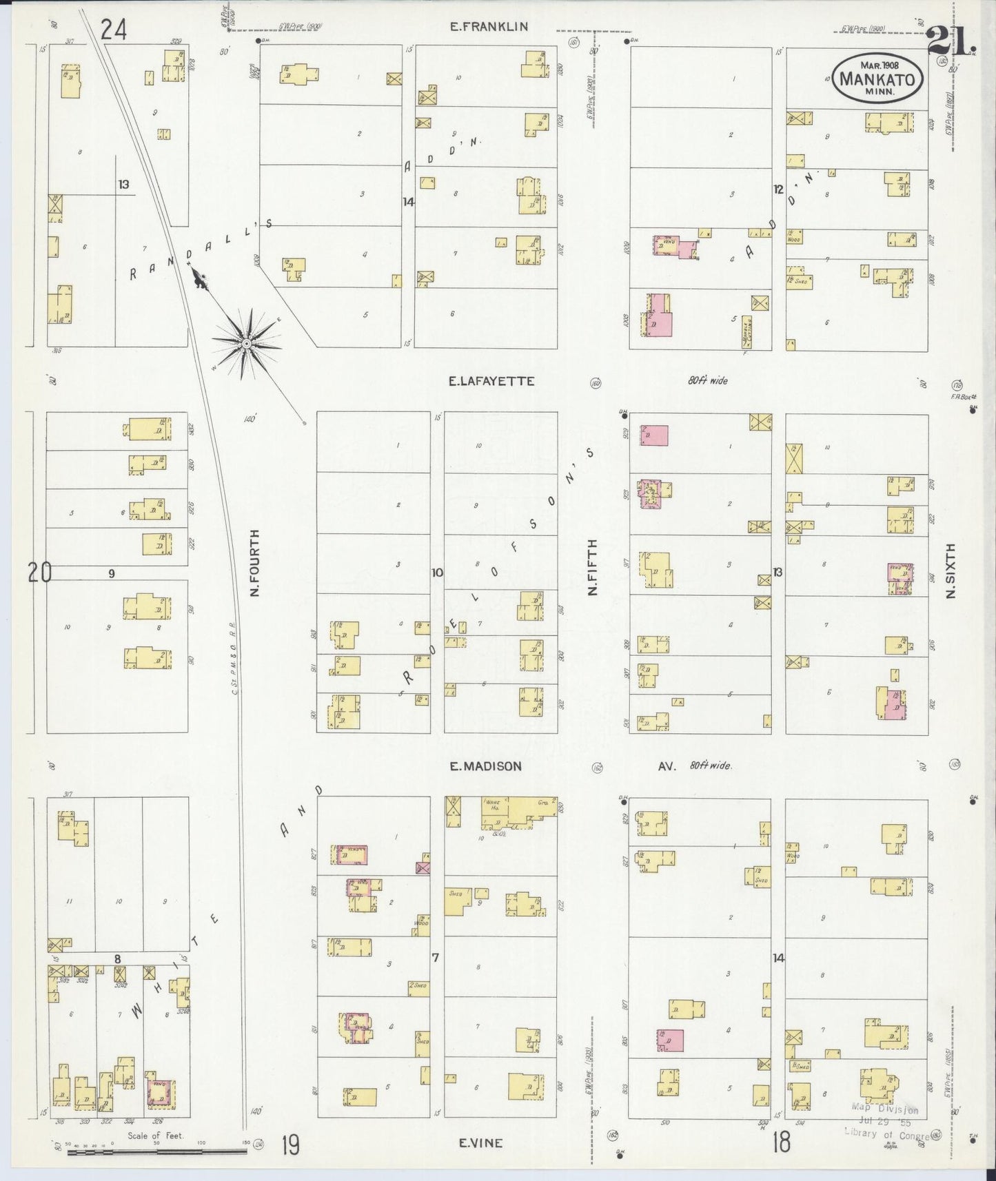 Sanborn Fire Insurance Map from Mankato, Blue Earth County, Minnesota (1908), Sheet #0021 - Complete Map Set gallery image, historic Sanborn map, vintage wall art, Minnesota Minnesota