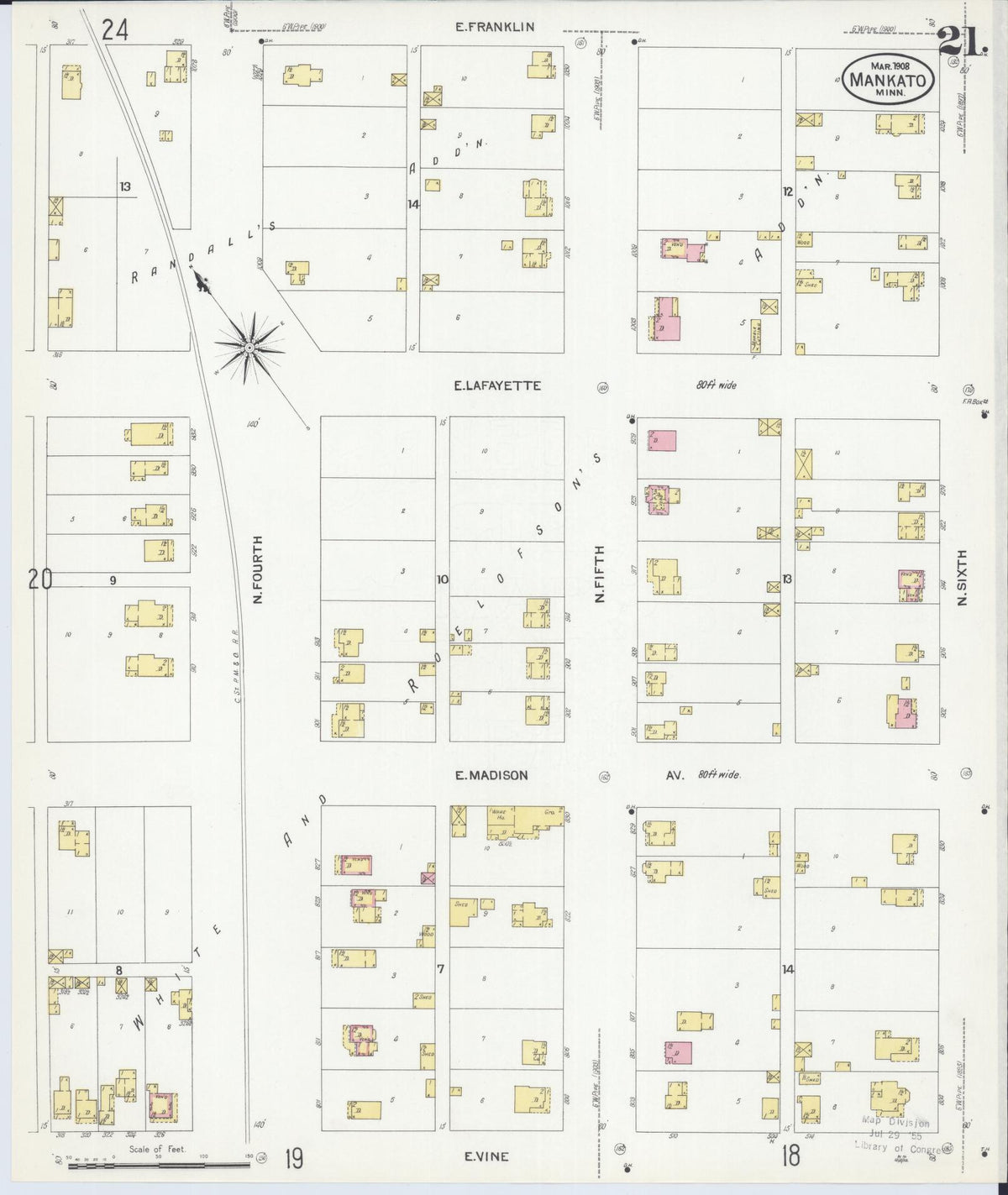 Sanborn Fire Insurance Map from Mankato, Blue Earth County, Minnesota (1908), Sheet #0021 - Complete Map Set gallery image, historic Sanborn map, vintage wall art, Minnesota Minnesota