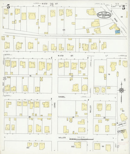 Sanborn Fire Insurance Map from Hattiesburg, Forrest County, Mississippi (1925), Sheet #0005 - Complete Map Set gallery image, historic Sanborn map, vintage wall art, Mississippi Mississippi