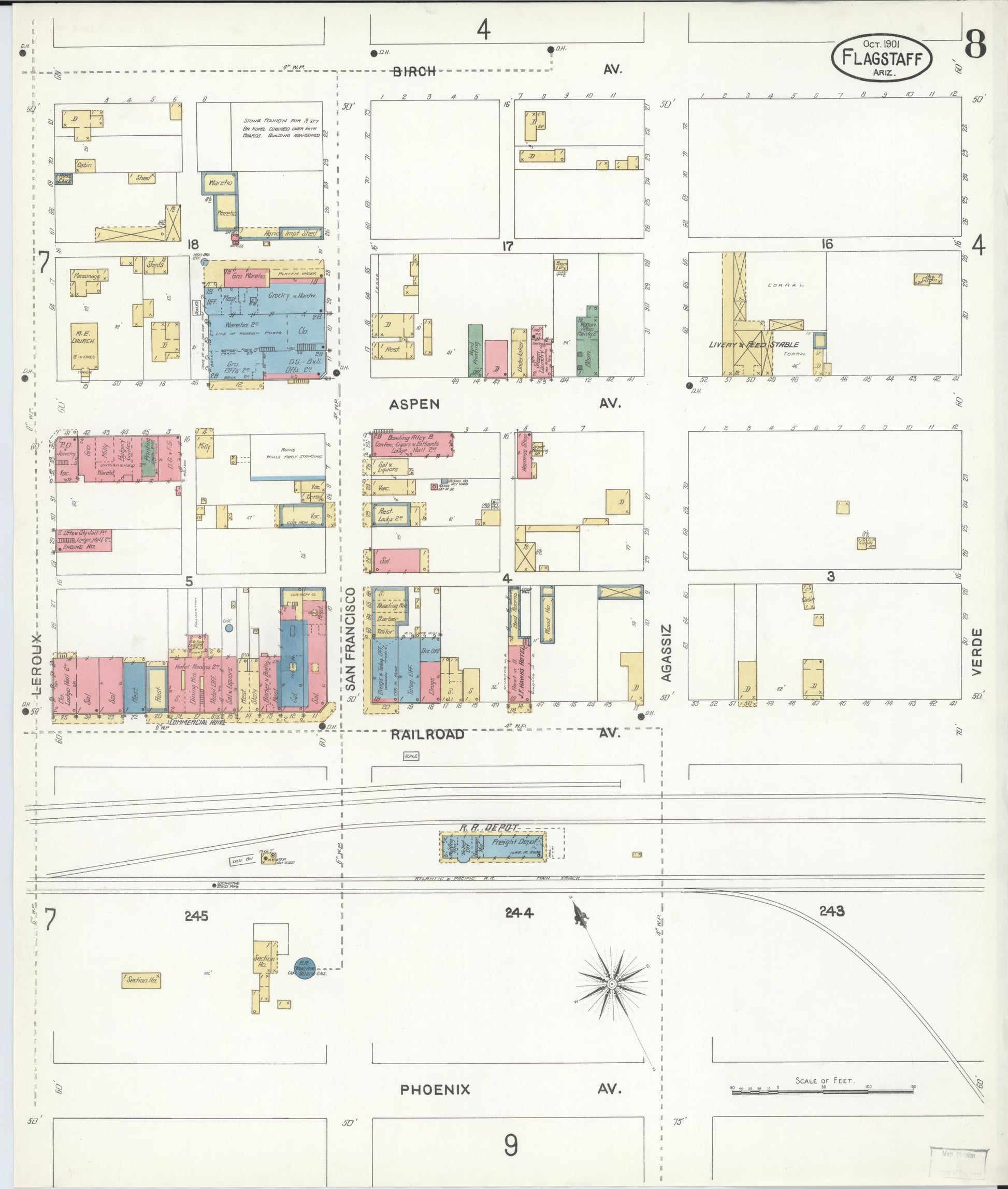 Sanborn Fire Insurance Map from Flagstaff, Coconino County, Arizona (1901), Sheet #0008 - Historic Sanborn Fire Insurance Map Print, vintage old map wall art, antique decor, genealogy gift, Arizona Arizona map