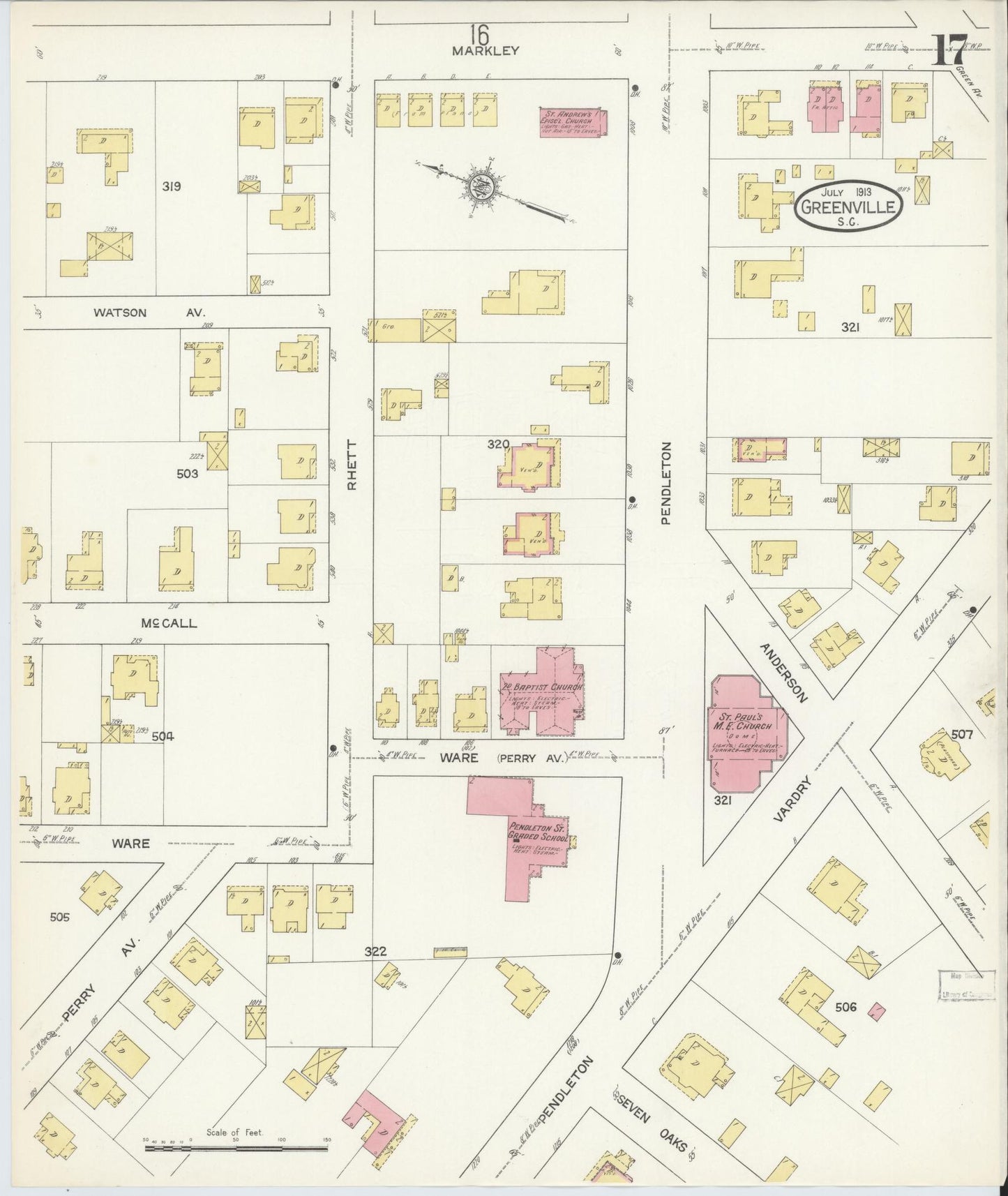 Sanborn Fire Insurance Map from Greenville, Greenville County, South Carolina (1913), Sheet #0017 - Complete Map Set gallery image, historic Sanborn map, vintage wall art, South Carolina South Carolina
