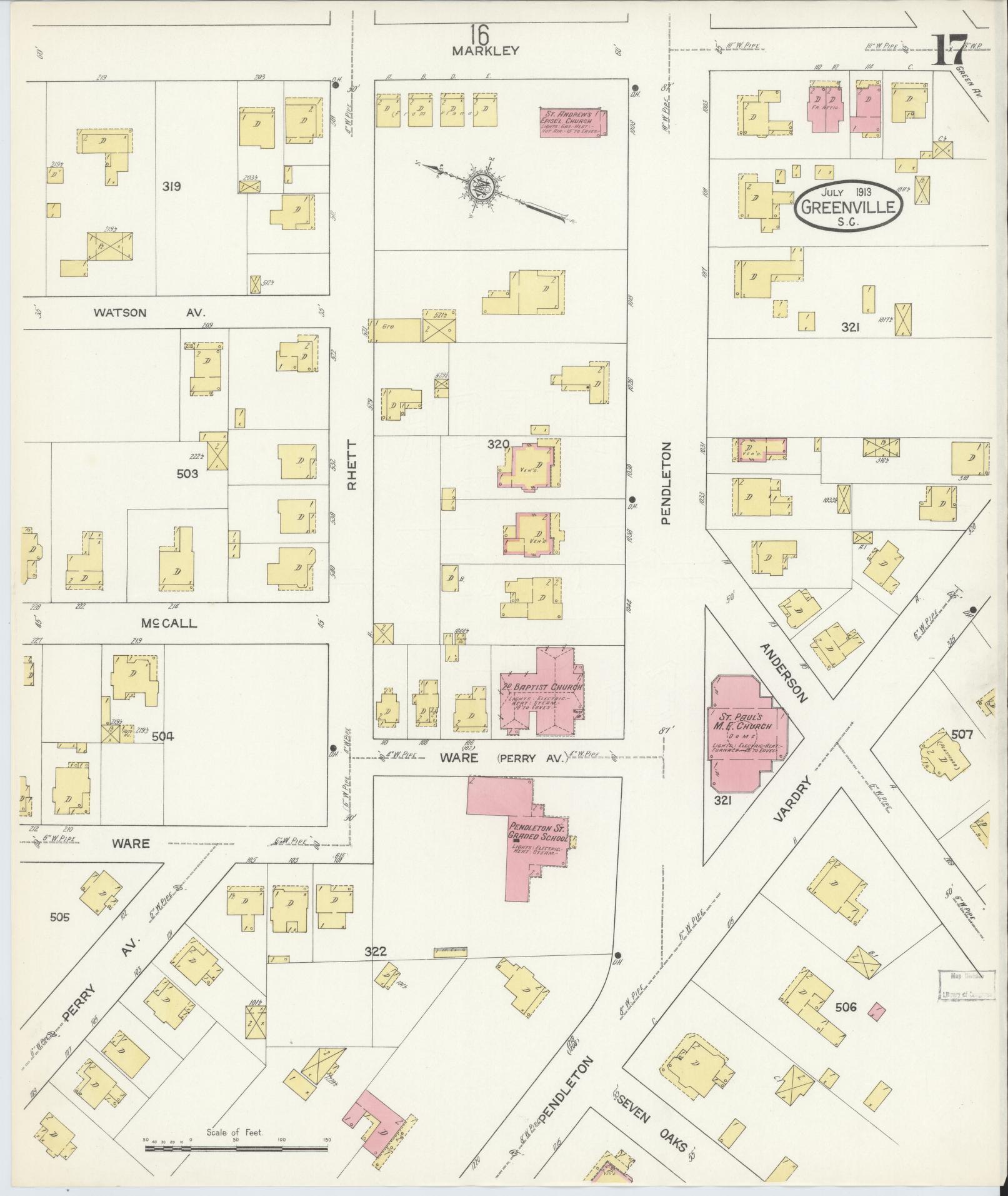 Sanborn Fire Insurance Map from Greenville, Greenville County, South Carolina (1913), Sheet #0017 - Complete Map Set gallery image, historic Sanborn map, vintage wall art, South Carolina South Carolina