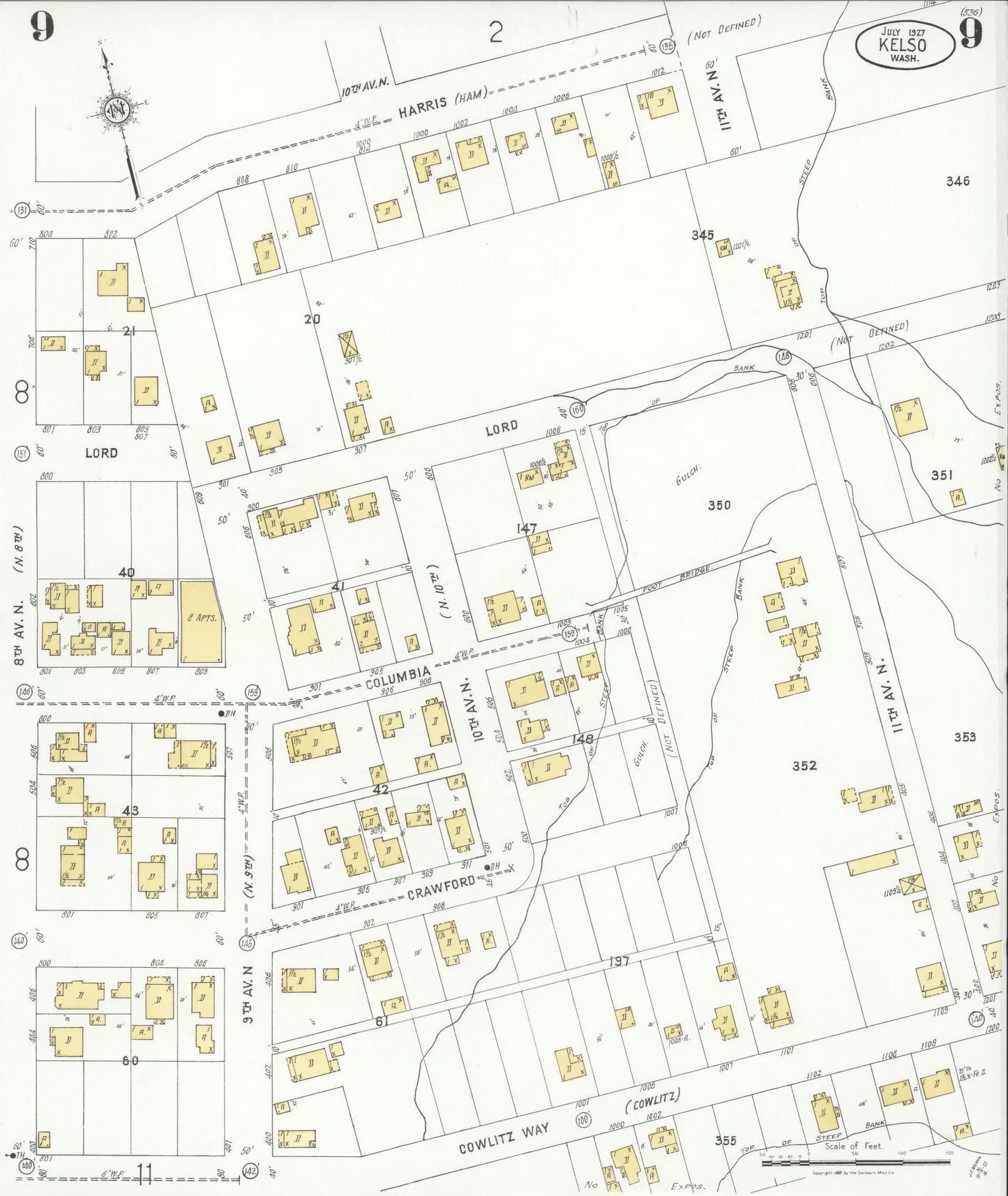 Sanborn Fire Insurance Map from Kelso, Cowlitz County, Washington (1927), Sheet #0009 - Complete Map Set gallery image, historic Sanborn map, vintage wall art, Washington Washington