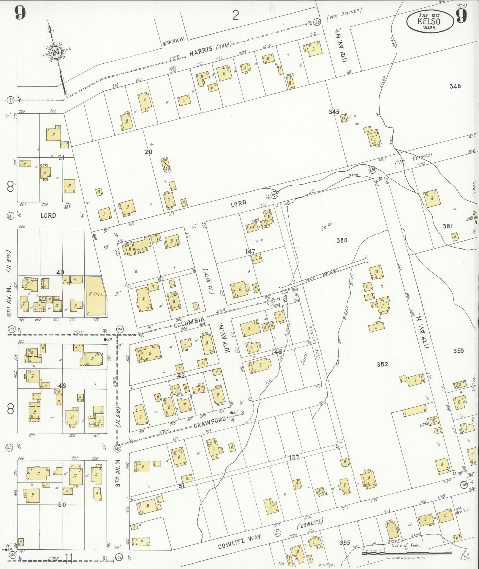 Sanborn Fire Insurance Map from Kelso, Cowlitz County, Washington (1927), Sheet #0009 - Complete Map Set gallery image, historic Sanborn map, vintage wall art, Washington Washington