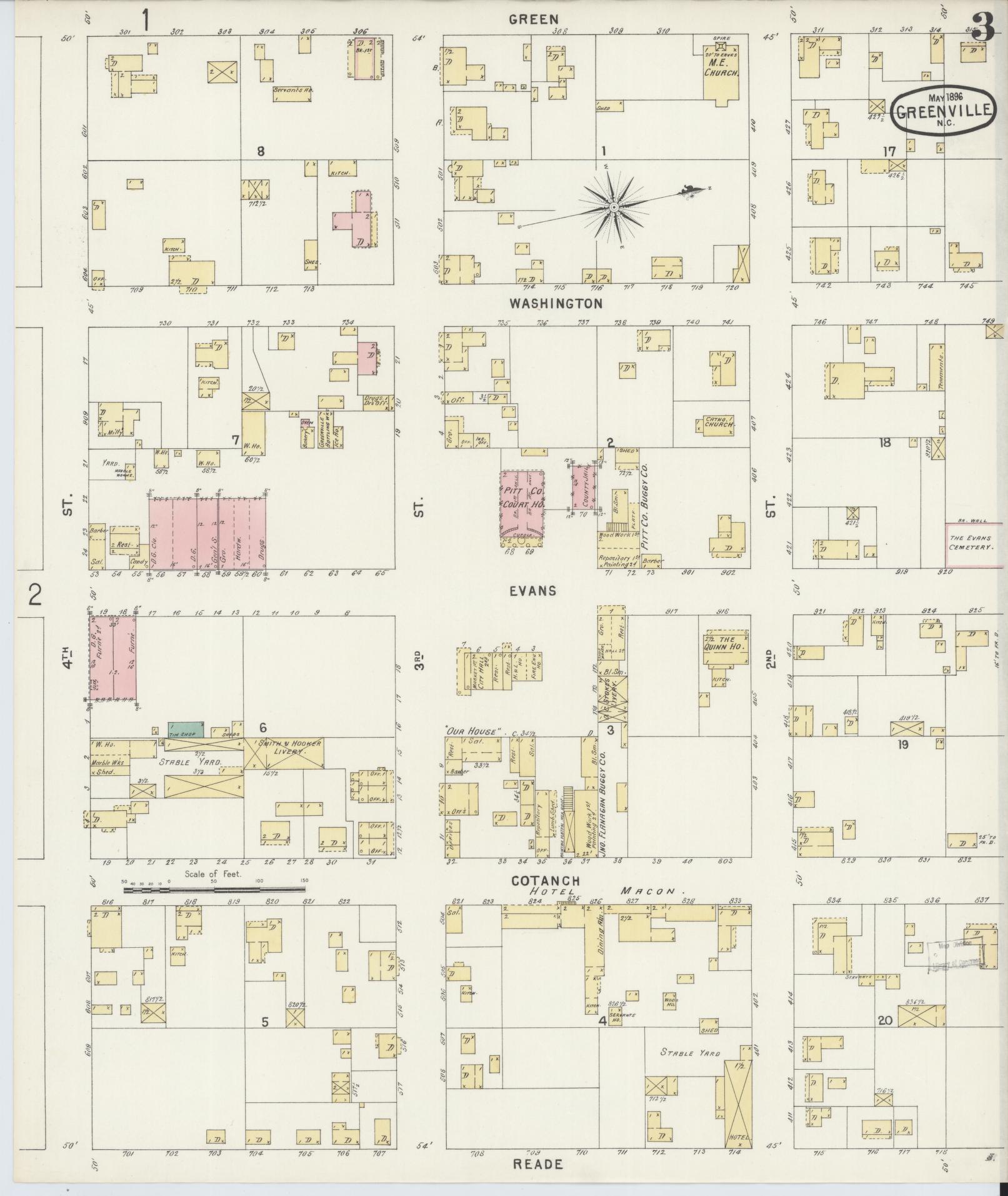 Sanborn Fire Insurance Map from Greenville, Pitt County, North Carolina (1896), Sheet #0003 - Complete Map Set gallery image, historic Sanborn map, vintage wall art, North Carolina North Carolina