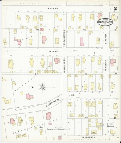 Sanborn Fire Insurance Map from Mount Pleasant, Henry County, Iowa (1892), Sheet #0002 - Historic Sanborn Fire Insurance Map Print, vintage old map wall art