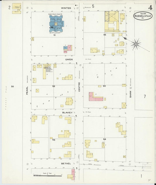 Sanborn Fire Insurance Map from Russellville, Logan County, Kentucky (1909), Sheet #0004 - Historic Sanborn Fire Insurance Map Print, vintage old map wall art, antique decor, genealogy gift, Kentucky Kentucky map