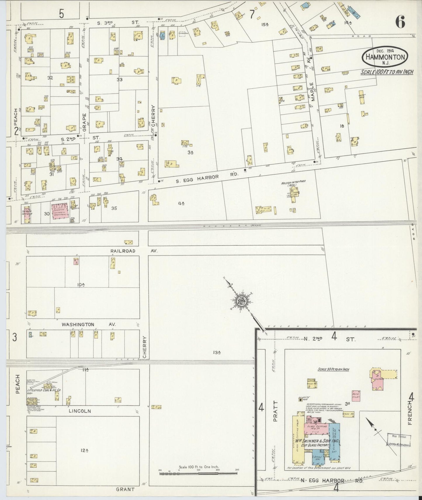 Sanborn Fire Insurance Map from Hammonton, Atlantic County, New Jersey (1914), Sheet #0006 - Historic Sanborn Fire Insurance Map Print, vintage old map wall art, antique decor, genealogy gift, New Jersey New Jersey map