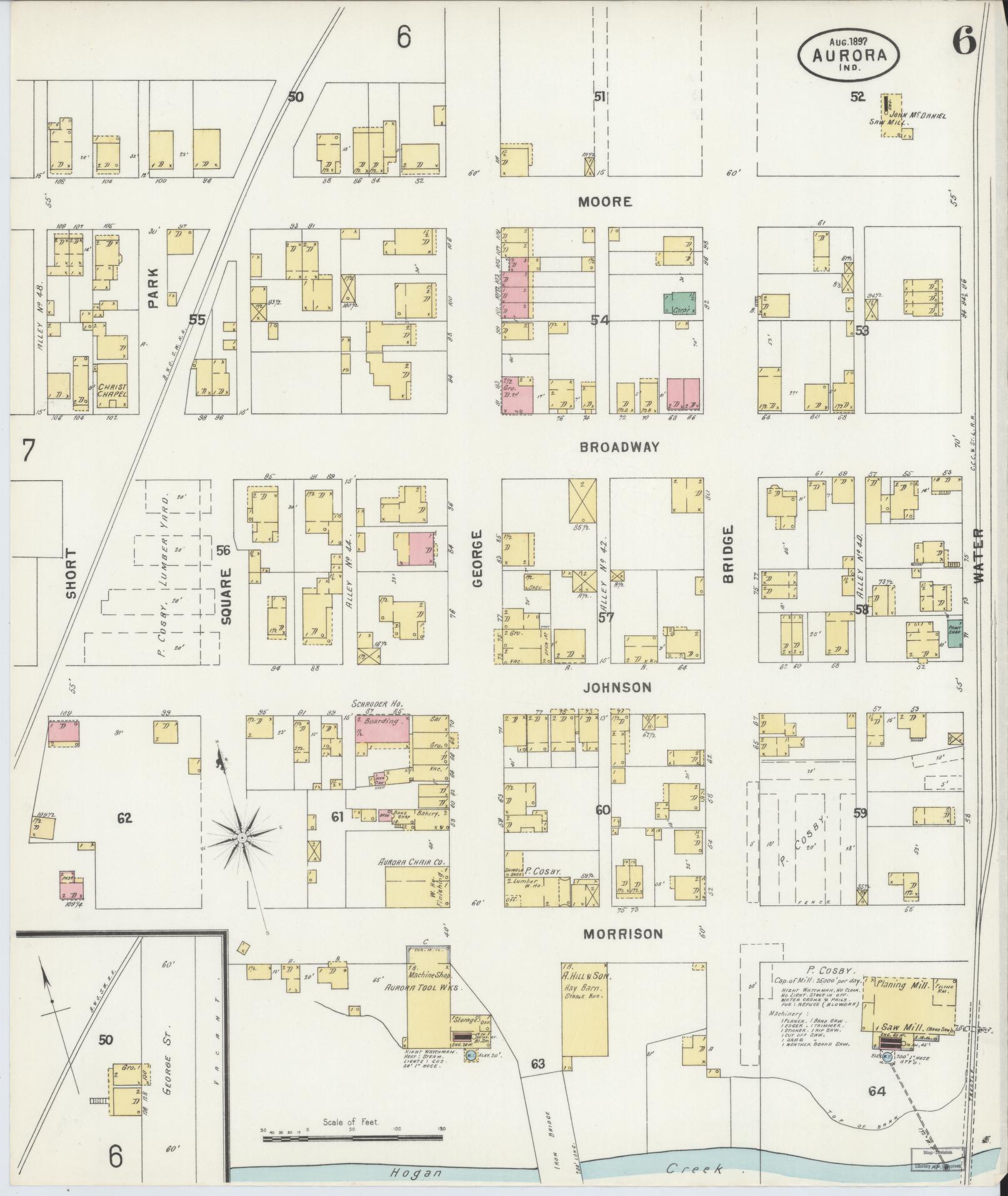 Sanborn Fire Insurance Map from Aurora, Dearborn County, Indiana (1897), Sheet #0006 - Historic Sanborn Fire Insurance Map Print, vintage old map wall art, antique decor, genealogy gift, Indiana Indiana map