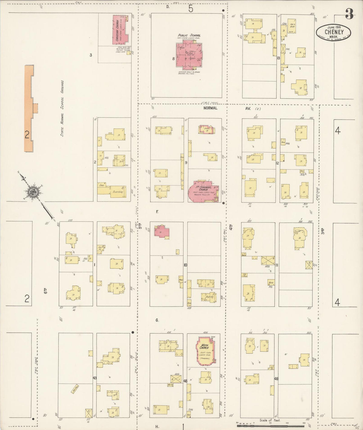 Sanborn Fire Insurance Map from Cheney, Spokane County, Washington (1916), Sheet #0003 - Historic Sanborn Fire Insurance Map Print, vintage old map wall art, antique decor, genealogy gift, Washington Washington map