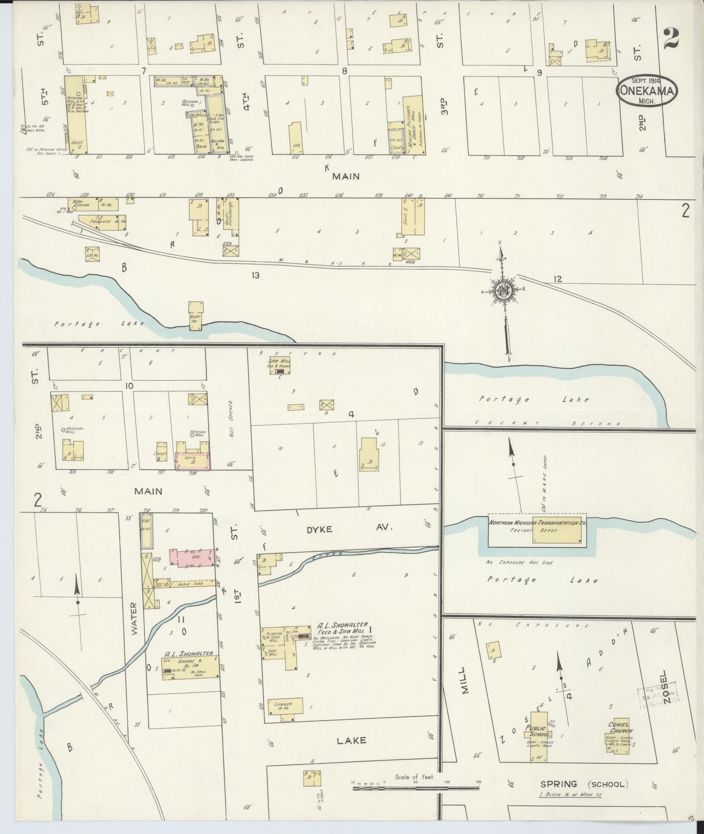 Sanborn Fire Insurance Map from Onekama, Manistee County, Michigan (1914), Sheet #0002 - Complete Map Set gallery image, historic Sanborn map, vintage wall art, Michigan Michigan