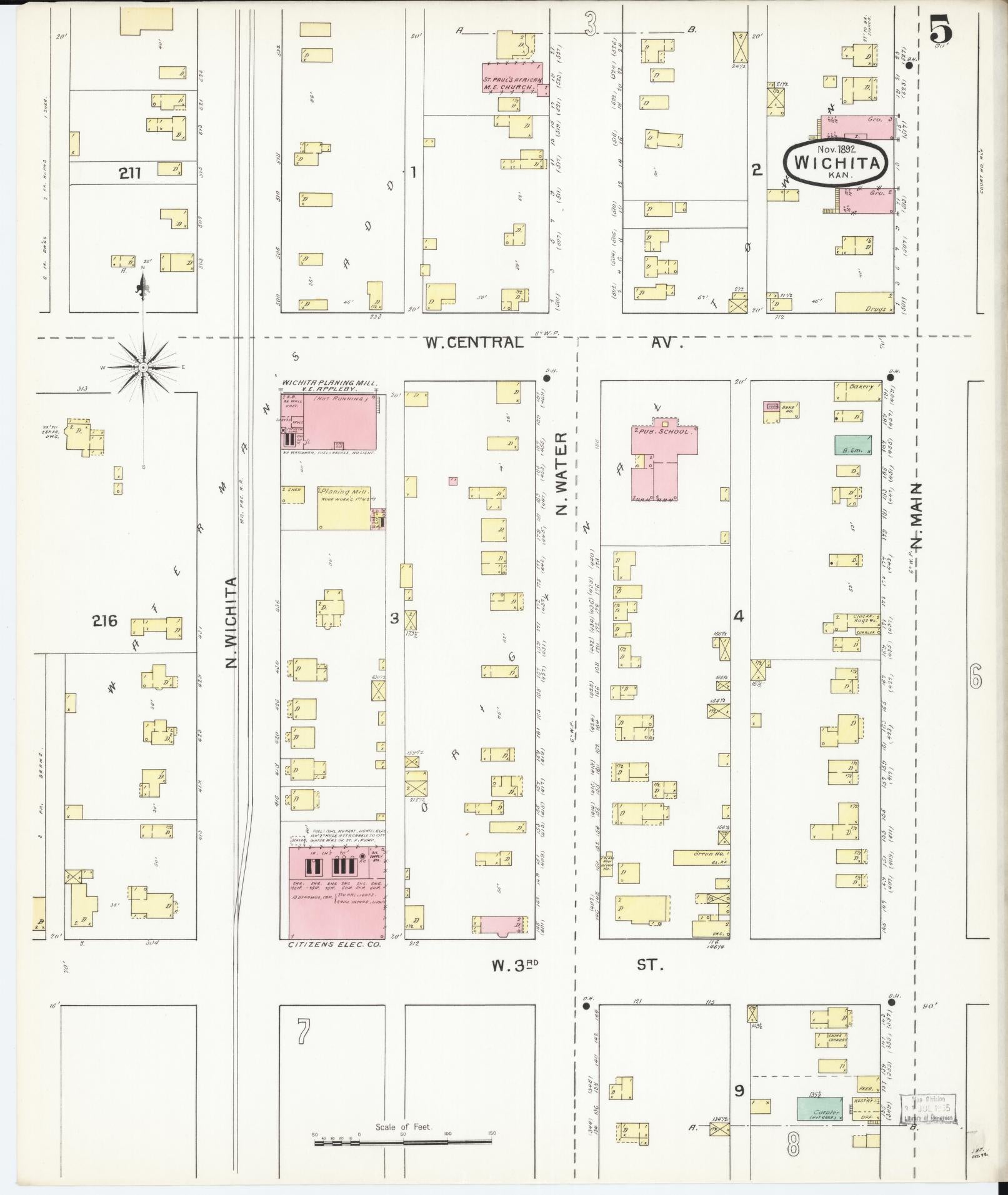 Sanborn Fire Insurance Map from Wichita, Sedgwick County, Kansas (1892), Sheet #0005 - Complete Map Set gallery image, historic Sanborn map, vintage wall art, Kansas Kansas