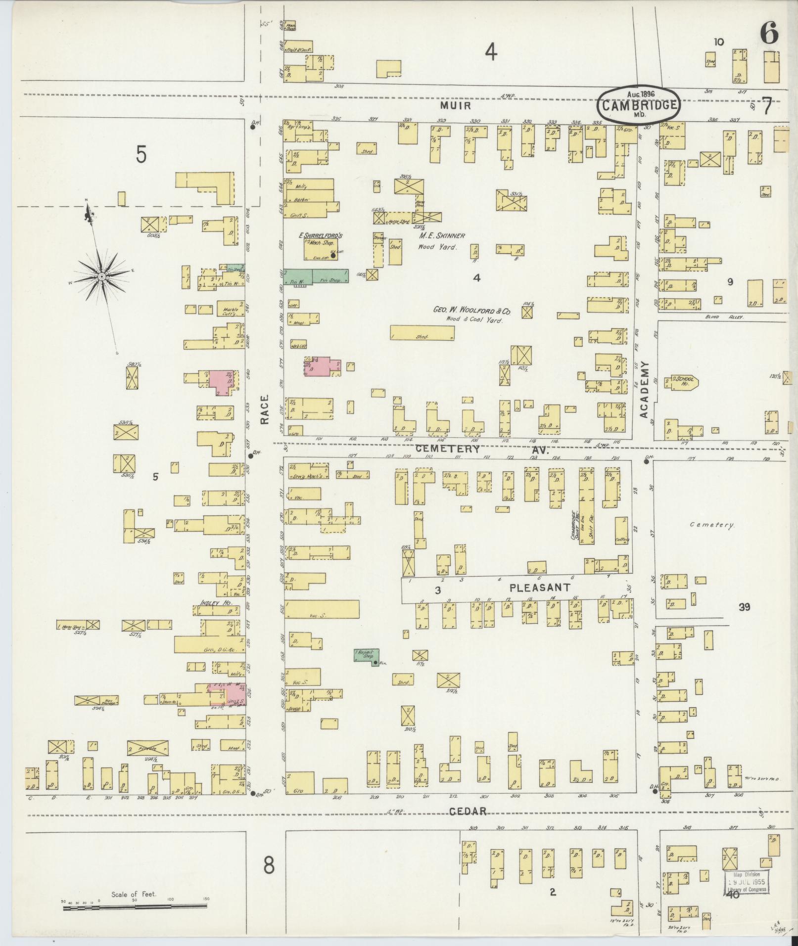 Sanborn Fire Insurance Map from Cambridge, Dorchester County, Maryland (1896), Sheet #0006 - Historic Sanborn Fire Insurance Map Print, vintage old map wall art, antique decor, genealogy gift, Maryland Maryland map