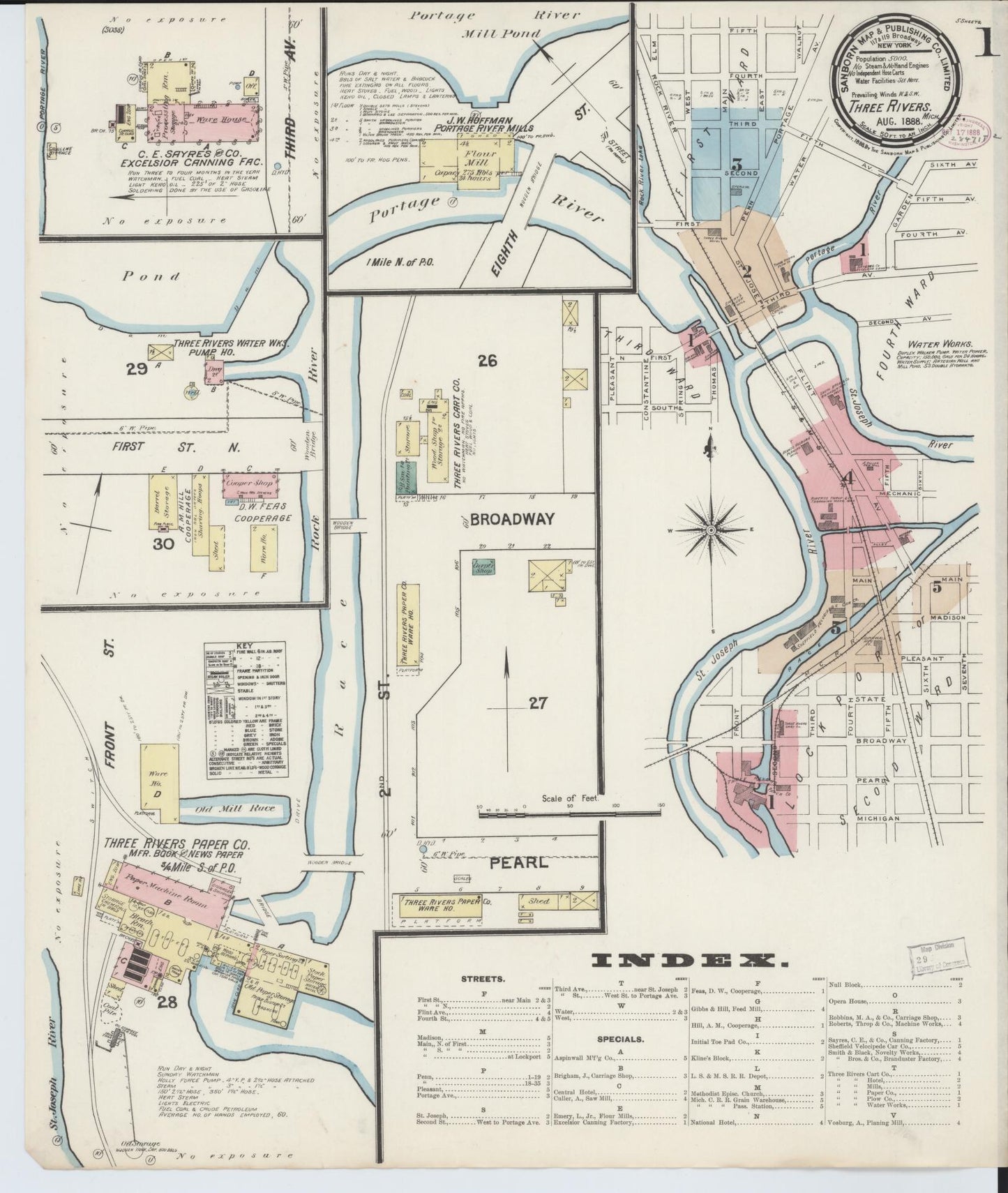 Sanborn Fire Insurance Map from Three Rivers, Saint Joseph County, Michigan (1888), Sheet #0001 - Historic Sanborn Fire Insurance Map Print, vintage old map wall art, antique decor, genealogy gift, Michigan Michigan map