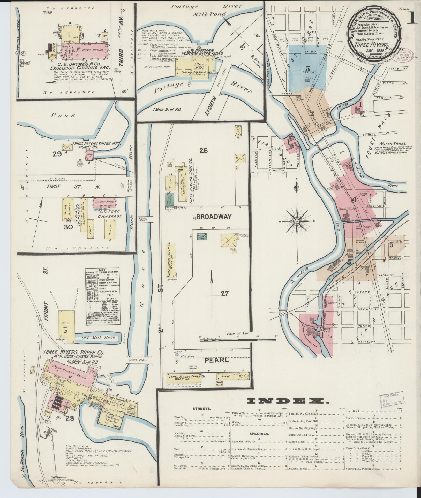 Sanborn Fire Insurance Map from Three Rivers, Saint Joseph County, Michigan (1888), Sheet #0001 - Historic Sanborn Fire Insurance Map Print, vintage old map wall art, antique decor, genealogy gift, Michigan Michigan map
