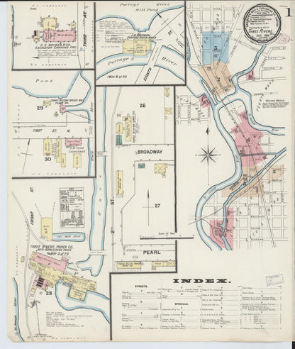 Sanborn Fire Insurance Map from Three Rivers, Saint Joseph County, Michigan (1888), Sheet #0001 - Historic Sanborn Fire Insurance Map Print, vintage old map wall art, antique decor, genealogy gift, Michigan Michigan map