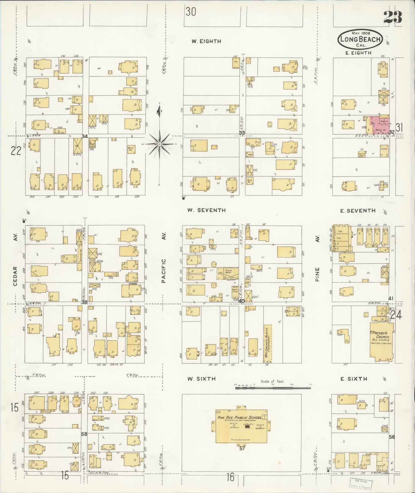 Sanborn Fire Insurance Map from Long Beach, Los Angeles County, California (1908), Sheet #0023 - Historic Sanborn Fire Insurance Map Print, vintage old map wall art, antique decor, genealogy gift, California California map