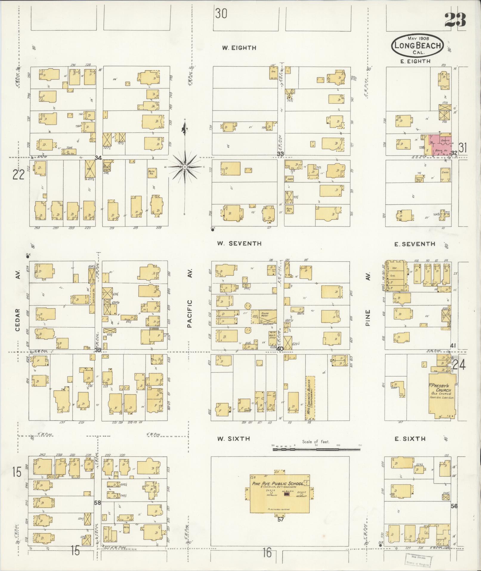 Sanborn Fire Insurance Map from Long Beach, Los Angeles County, California (1908), Sheet #0023 - Historic Sanborn Fire Insurance Map Print, vintage old map wall art, antique decor, genealogy gift, California California map