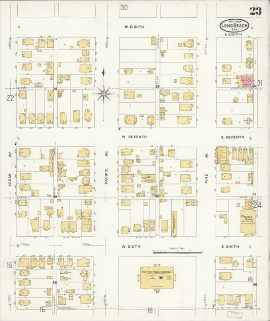 Sanborn Fire Insurance Map from Long Beach, Los Angeles County, California (1908), Sheet #0023 - Historic Sanborn Fire Insurance Map Print, vintage old map wall art, antique decor, genealogy gift, California California map