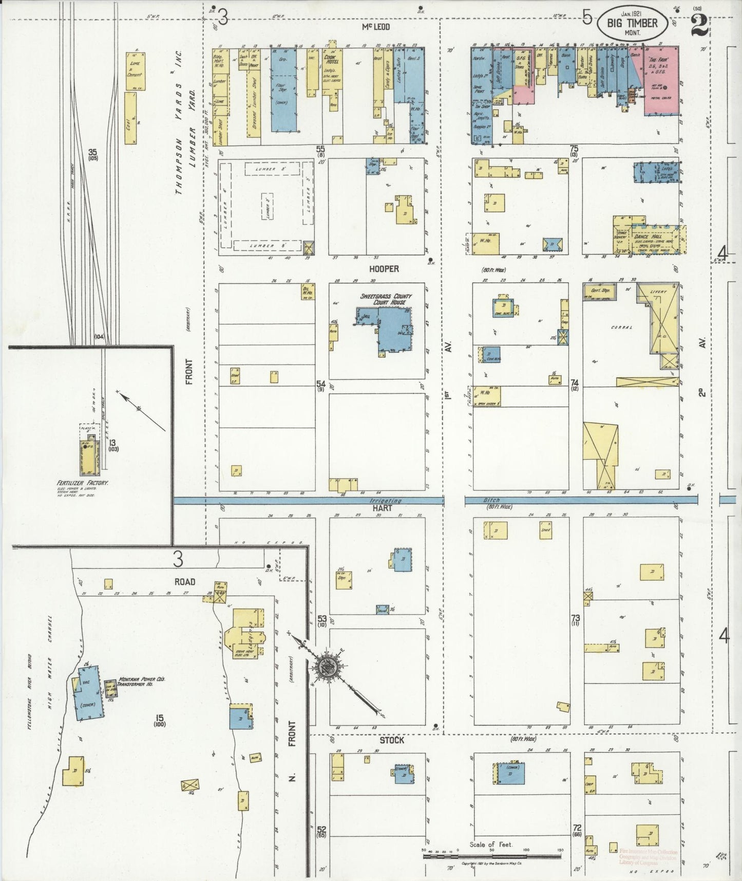 Sanborn Fire Insurance Map from Big Timber, Sweet Grass County, Montana (1921), Sheet #0002 - Complete Map Set gallery image, historic Sanborn map, vintage wall art, Montana Montana