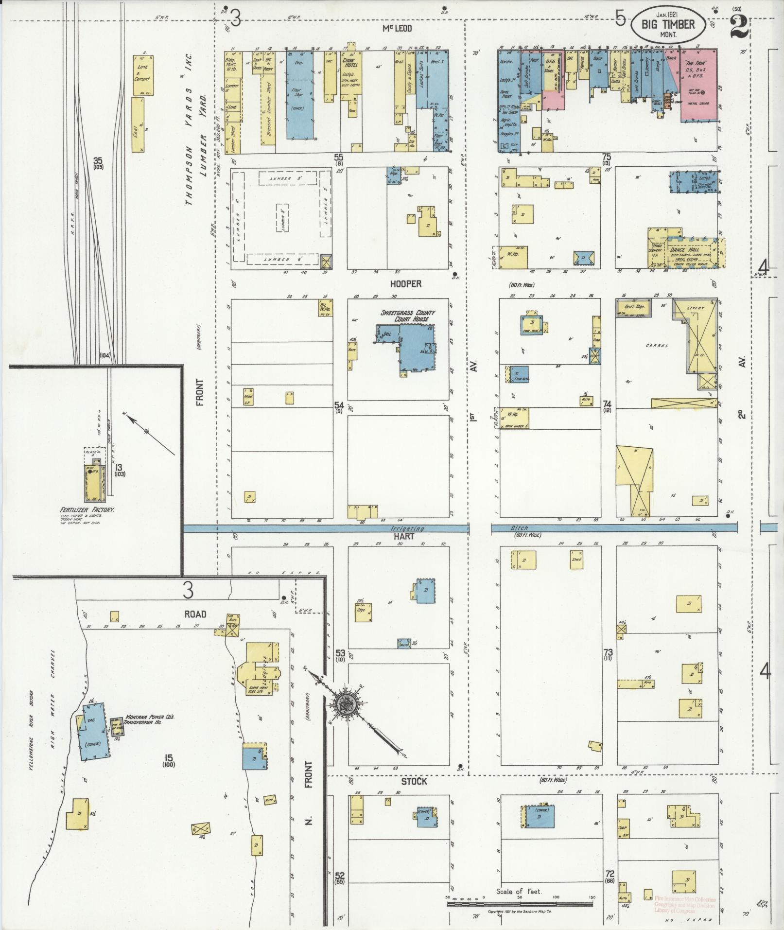 Sanborn Fire Insurance Map from Big Timber, Sweet Grass County, Montana (1921), Sheet #0002 - Complete Map Set gallery image, historic Sanborn map, vintage wall art, Montana Montana