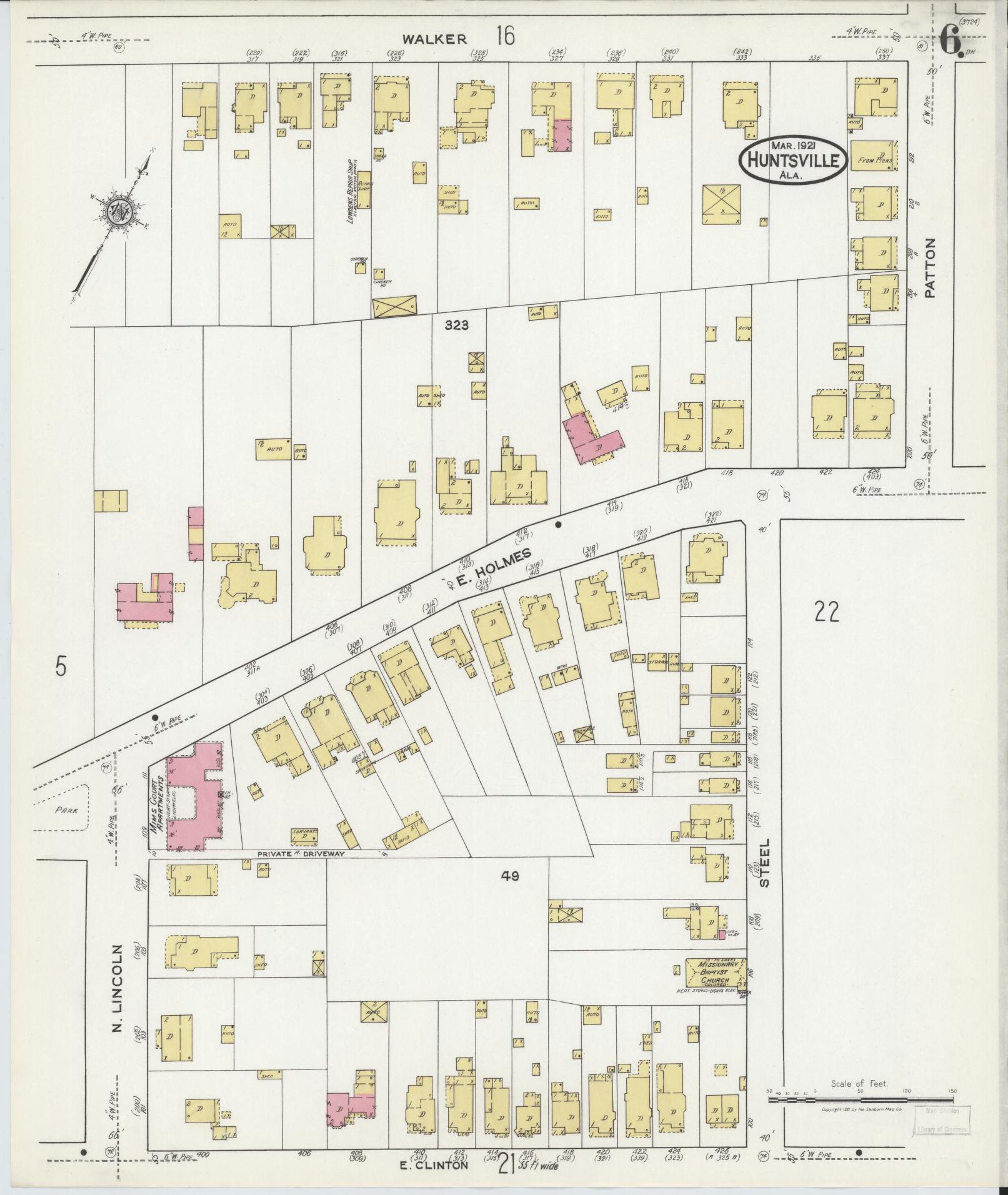 Sanborn Fire Insurance Map from Huntsville, Madison County, Alabama (1921), Sheet #0006 - Complete Map Set gallery image, historic Sanborn map, vintage wall art, Alabama Alabama