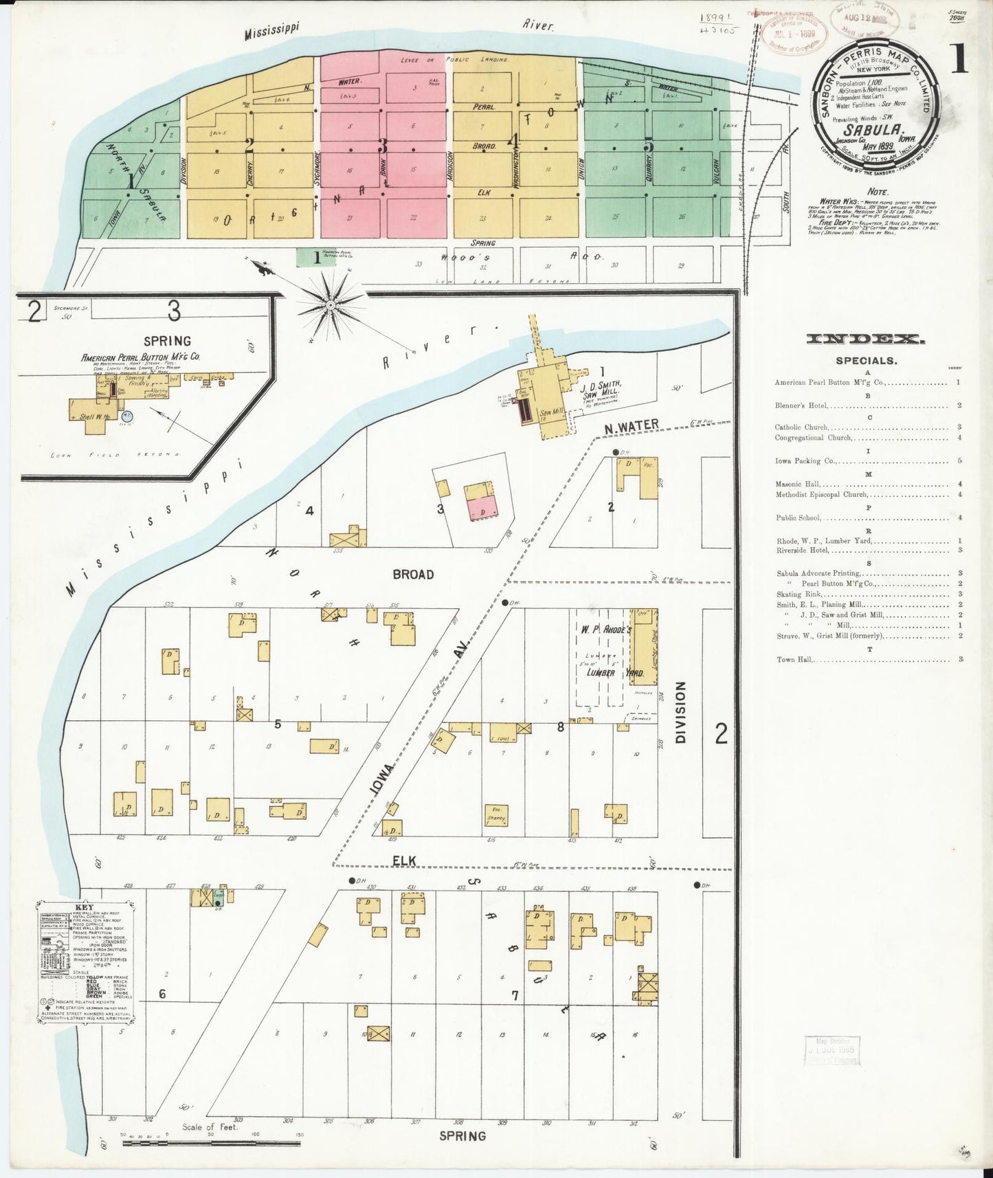 Sanborn Fire Insurance Map from Sabula, Jackson County, Iowa (1899), Sheet #0001 - Historic Sanborn Fire Insurance Map Print, vintage old map wall art