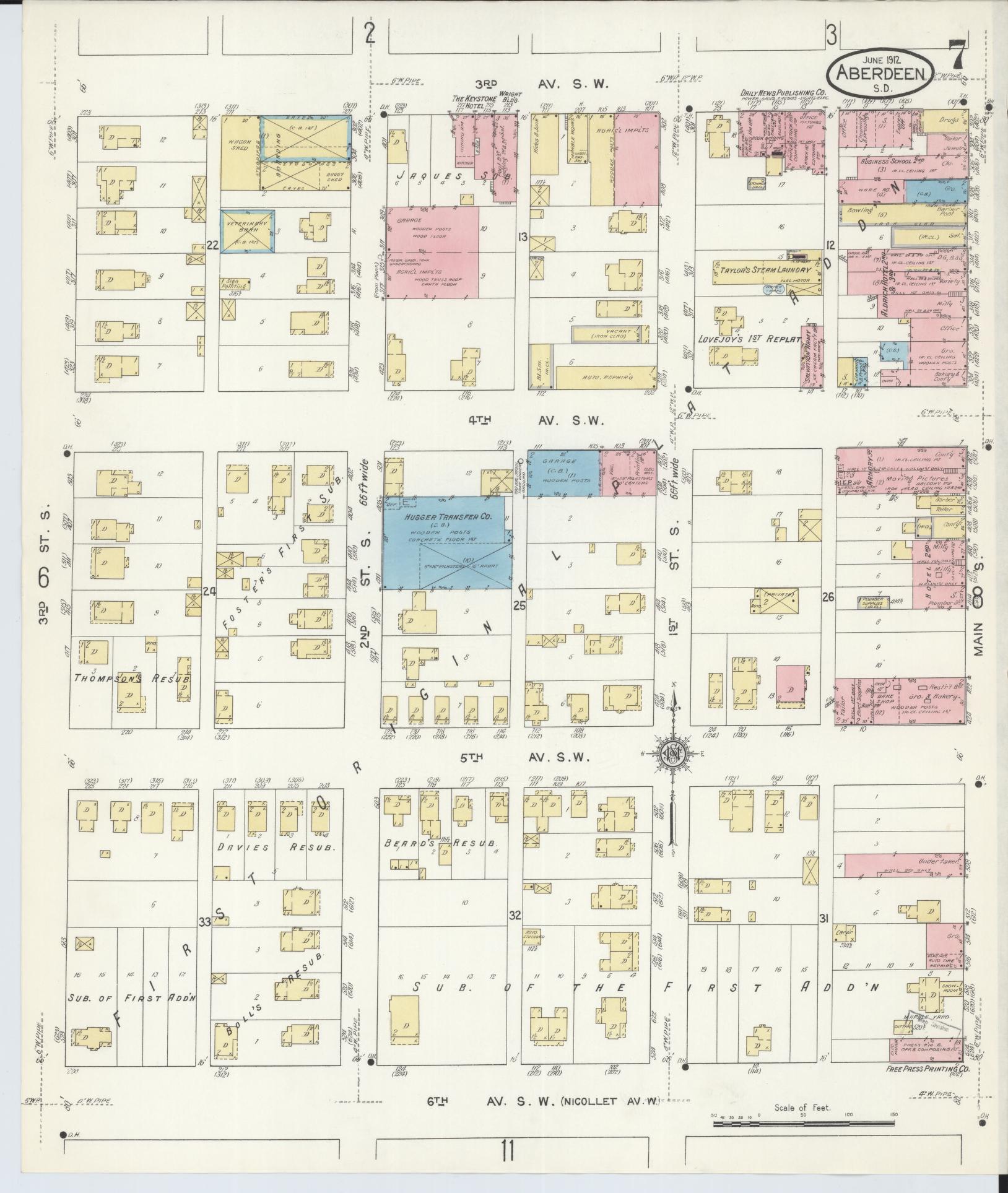 Sanborn Fire Insurance Map from Aberdeen, Brown County, South Dakota (1912), Sheet #0007 - Historic Sanborn Fire Insurance Map Print, vintage old map wall art, antique decor, genealogy gift, South Dakota South Dakota map