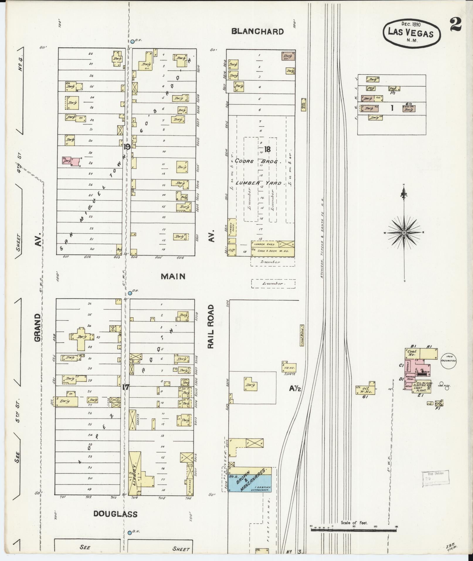 Sanborn Fire Insurance Map from Las Vegas, San Miguel County, New Mexico (1890), Sheet #0002 - Historic Sanborn Fire Insurance Map Print, vintage old map wall art, antique decor, genealogy gift, New Mexico New Mexico map