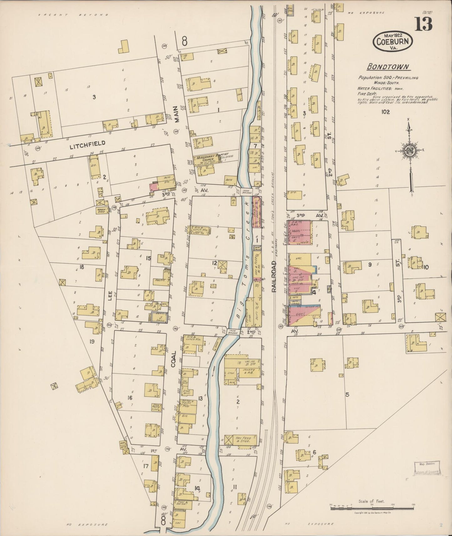 Sanborn Fire Insurance Map from Coeburn, Wise County, Virginia (1922), Sheet #0013 - Complete Map Set gallery image, historic Sanborn map, vintage wall art, Virginia Virginia