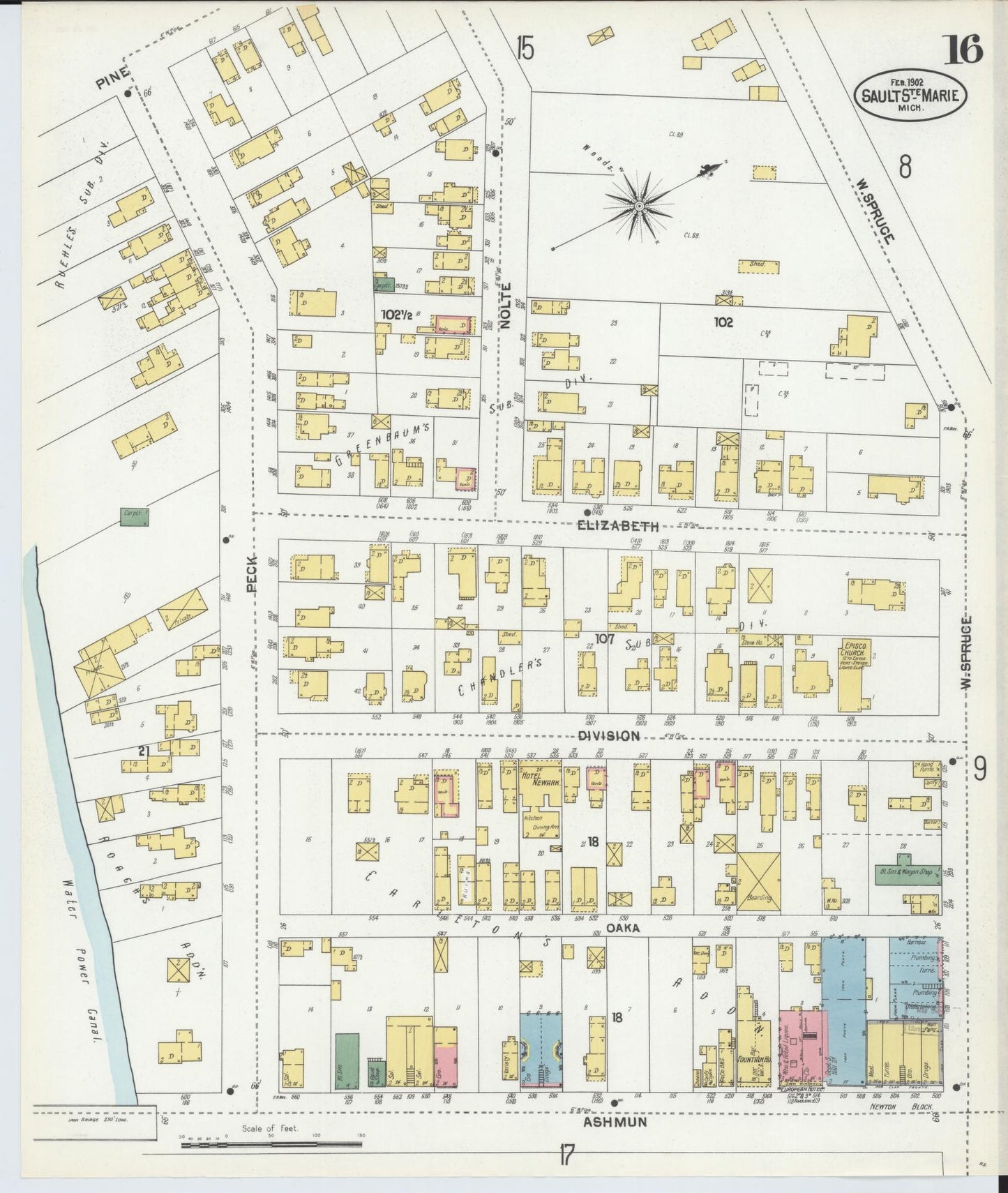 Sanborn Fire Insurance Map from Sault Sainte Marie, Chippewa County, Michigan (1902), Sheet #0016 - Historic Sanborn Fire Insurance Map Print, vintage old map wall art, antique decor, genealogy gift, Michigan Michigan map