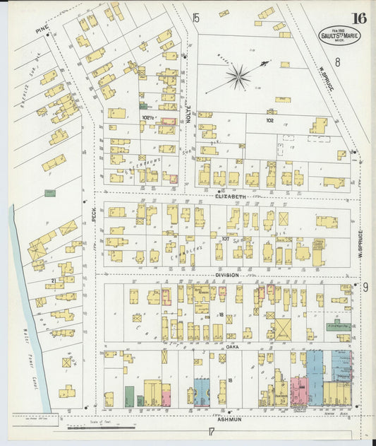 Sanborn Fire Insurance Map from Sault Sainte Marie, Chippewa County, Michigan (1902), Sheet #0016 - Historic Sanborn Fire Insurance Map Print, vintage old map wall art, antique decor, genealogy gift, Michigan Michigan map