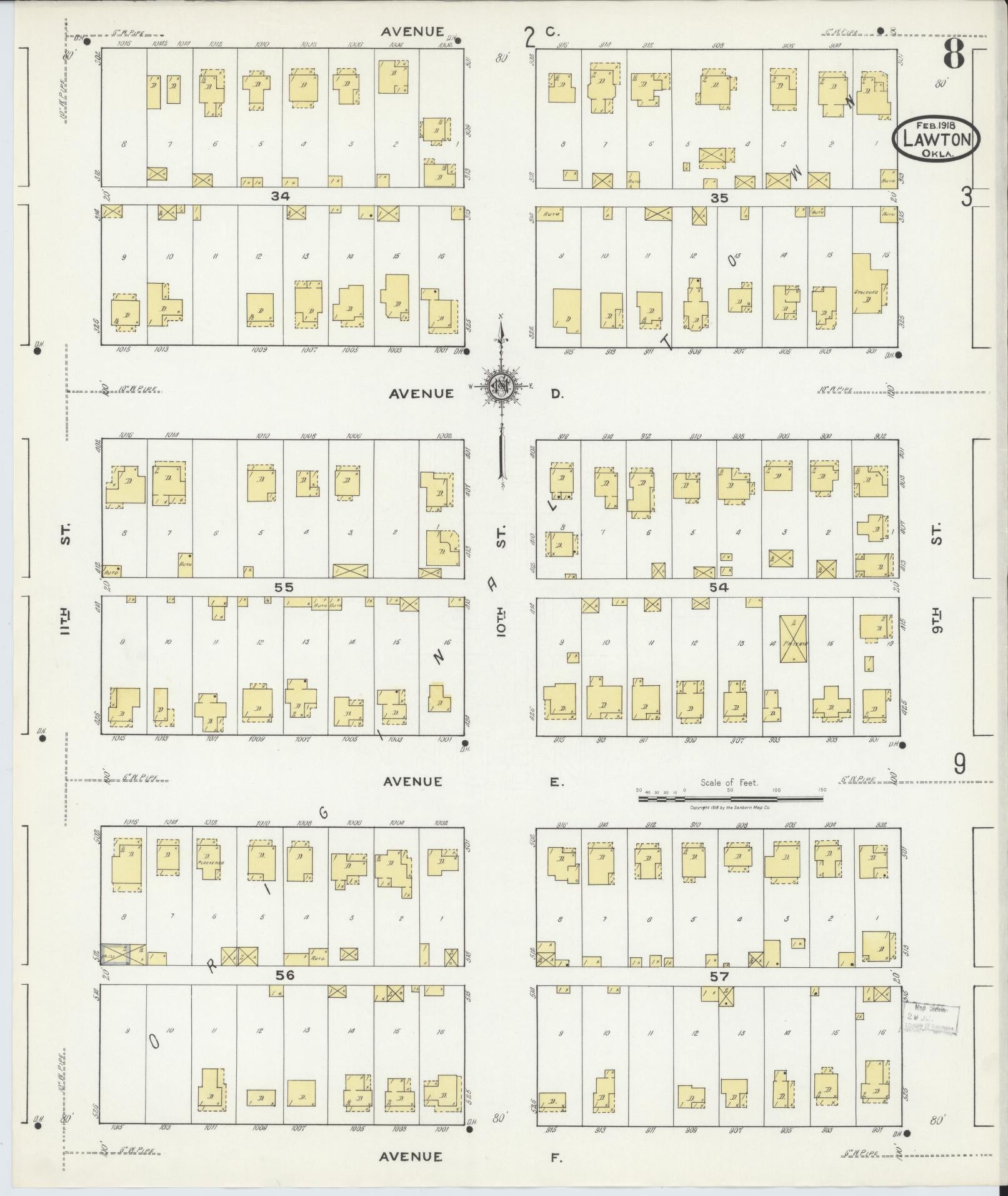 Sanborn Fire Insurance Map from Lawton, Comanche County, Oklahoma (1918), Sheet #0008 - Complete Map Set gallery image, historic Sanborn map, vintage wall art, Oklahoma Oklahoma