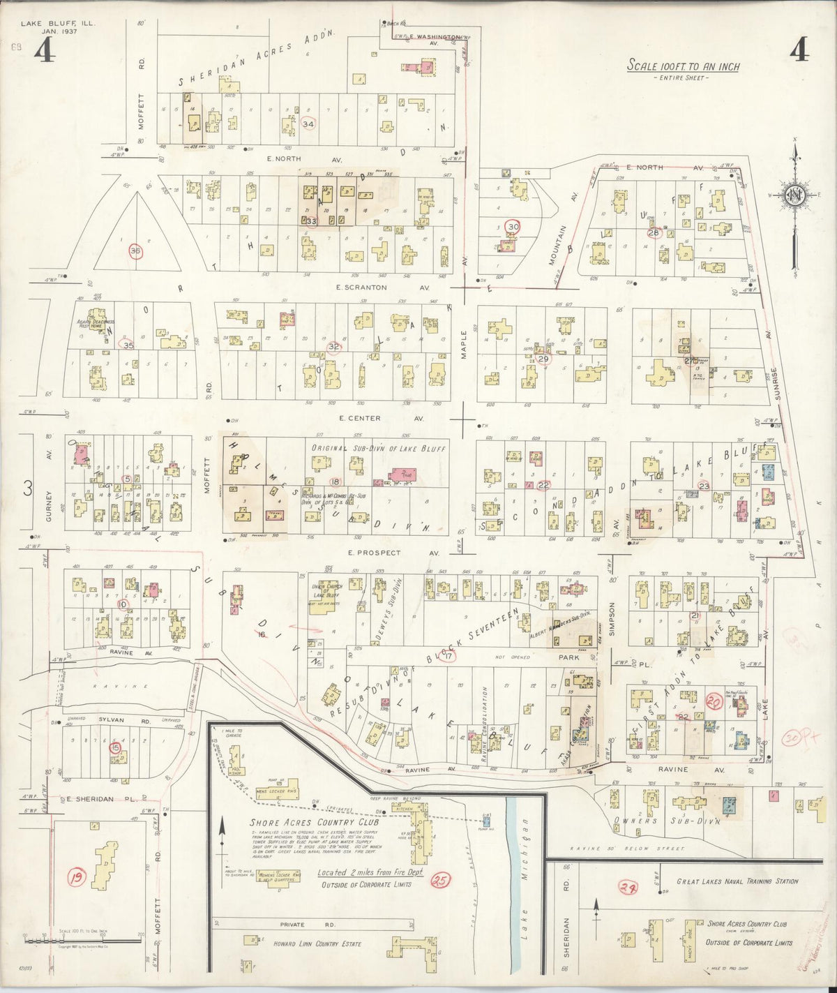 Sanborn Fire Insurance Map from Lake Bluff, Lake County, Illinois (1944), Sheet #0004 - Historic Sanborn Fire Insurance Map Print, vintage old map wall art, antique decor, genealogy gift, Illinois Illinois map