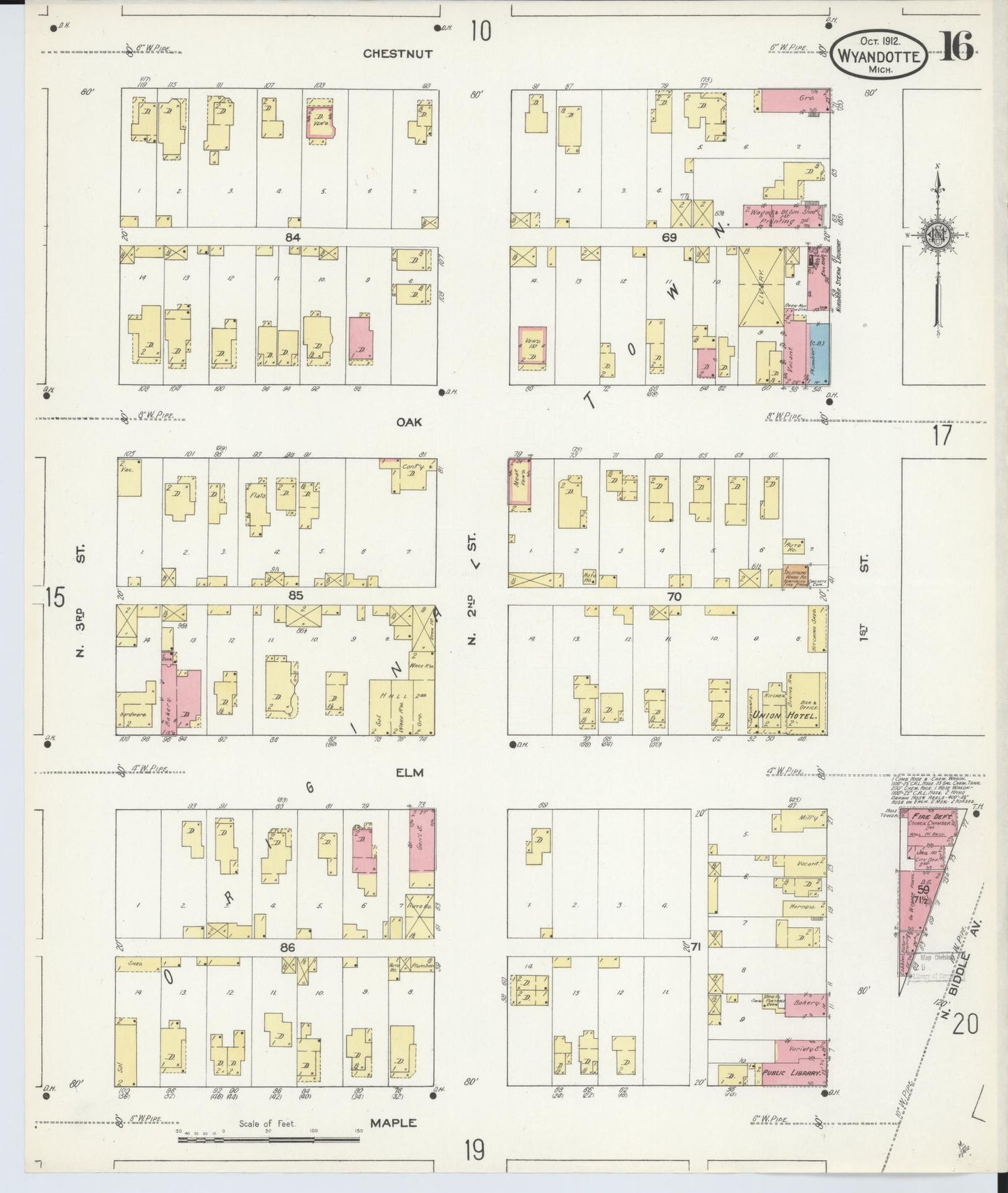 Sanborn Fire Insurance Map from Wyandotte, Wayne County, Michigan (1912), Sheet #0016 - Historic Sanborn Fire Insurance Map Print, vintage old map wall art, antique decor, genealogy gift, Michigan Michigan map
