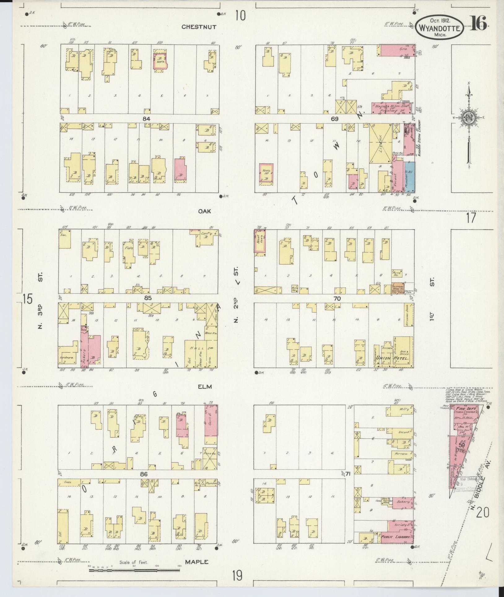 Sanborn Fire Insurance Map from Wyandotte, Wayne County, Michigan (1912), Sheet #0016 - Historic Sanborn Fire Insurance Map Print, vintage old map wall art, antique decor, genealogy gift, Michigan Michigan map