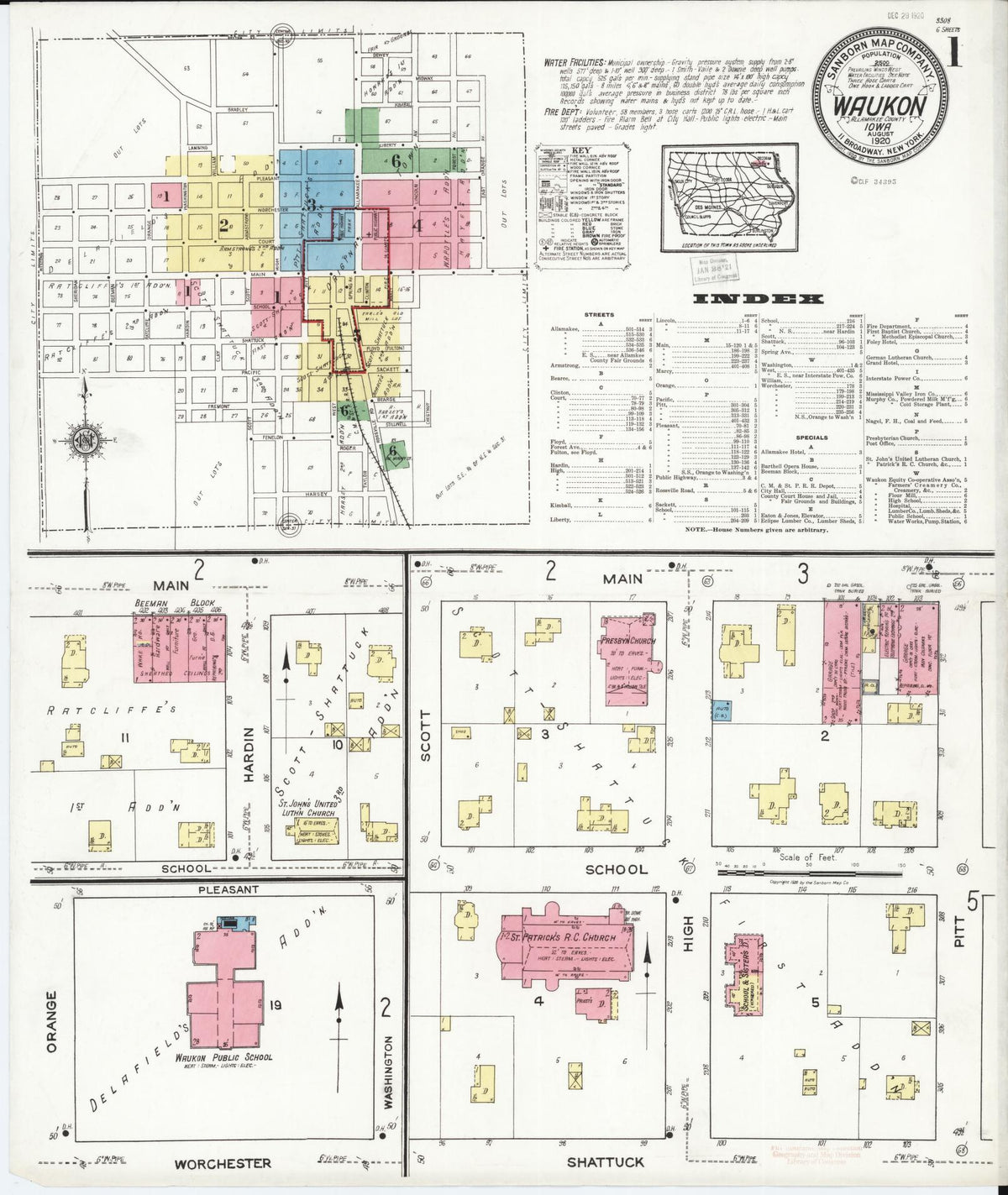 Sanborn Fire Insurance Map from Waukon, Allamakee County, Iowa (1920), Sheet #0001 - Historic Sanborn Fire Insurance Map Print, vintage old map wall art