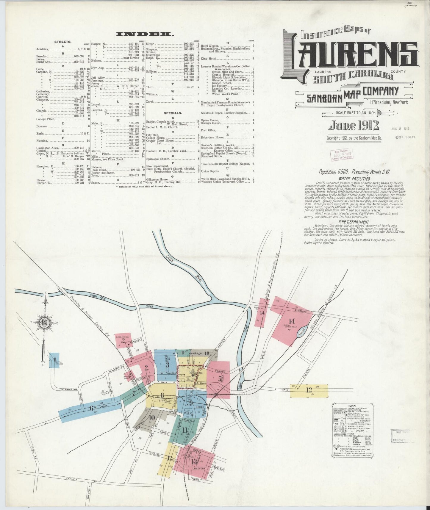 Sanborn Fire Insurance Map from Laurens, Laurens County, South Carolina (1912), Sheet #0001 - Historic Sanborn Fire Insurance Map Print, vintage old map wall art, antique decor, genealogy gift, South Carolina South Carolina map