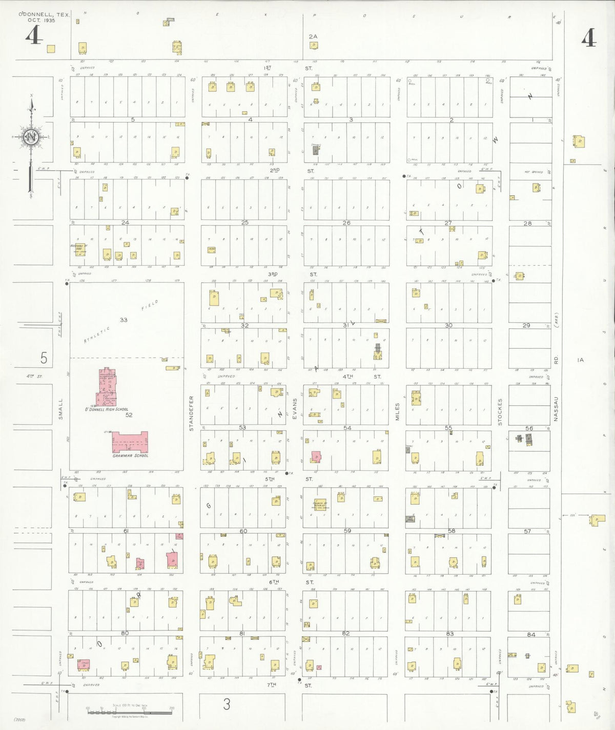 Sanborn Fire Insurance Map from O'Donnell, Lynn And Dawson Counties, Texas (1935), Sheet #0004 - Complete Map Set gallery image, historic Sanborn map, vintage wall art, Texas Texas